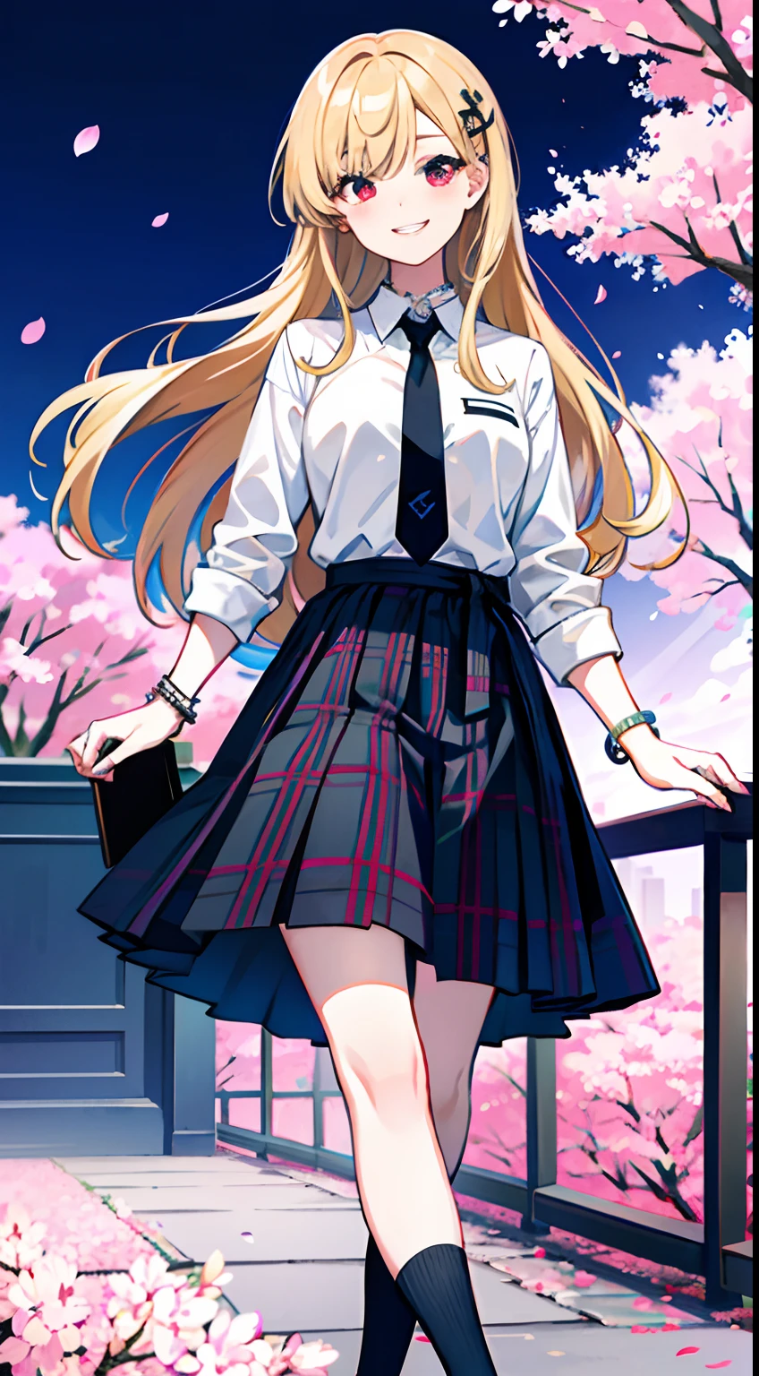 masterpiece, best quality, full body, 1girl, bangs, black choker, black necktie, blonde hair, blue skirt, blush, bracelet, breasts, choker, clothes around waist, collarbone, collared shirt, cowboy shot, dress shirt, ear piercing, eyebrows visible through hair, gradient hair, grin, gyaru, jewelry, kogal, long hair, looking at viewer, loose necktie, necktie, piercing, plaid, plaid skirt, pleated skirt, red eyes, ring, school uniform, shirt, skirt, smile, solo, white shirt, street, sky, cherry blossoms, petals,illustration, (magazine:1.3), (cover-style:1.3), fashionable, woman, vibrant, outfit, posing, front, colorful, dynamic, background, elements, confident, expression, holding, statement, accessory, majestic, coiled, around, touch, scene, text, cover, bold, attention-grabbing, title, stylish, font, catchy, headline, larger, striking, modern, trendy, focus, fashion,