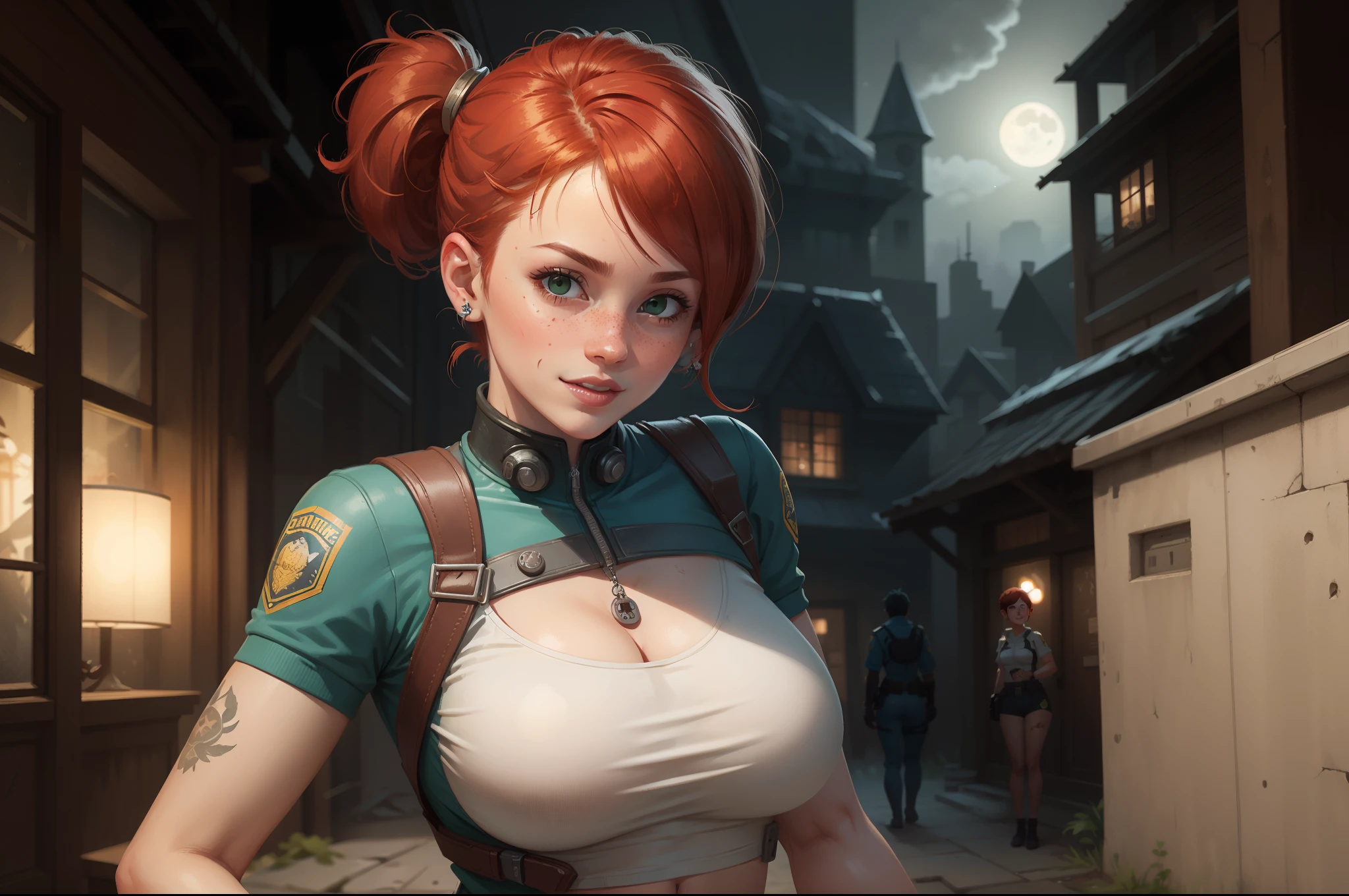 gwen tennyson,1girl,tracer,jill valentine, rebecca chambers,overwatch,resident evil,close up,mecha pilot,body paint, haunted mansion,tattoos,blue and gray plugsuit,hair pin,white short sleeve silk top,steel cargo pants,uncovered belly,short hair,cute makeup,green eyes, red and gold hair,shy smile,freckles, redhead,beautiful girl,large breasts, ultra detailed,realistic,fantasy art, military uniform,steel armor,haunted village,moonlight,police uniform,pilot jacket,ear piercings,