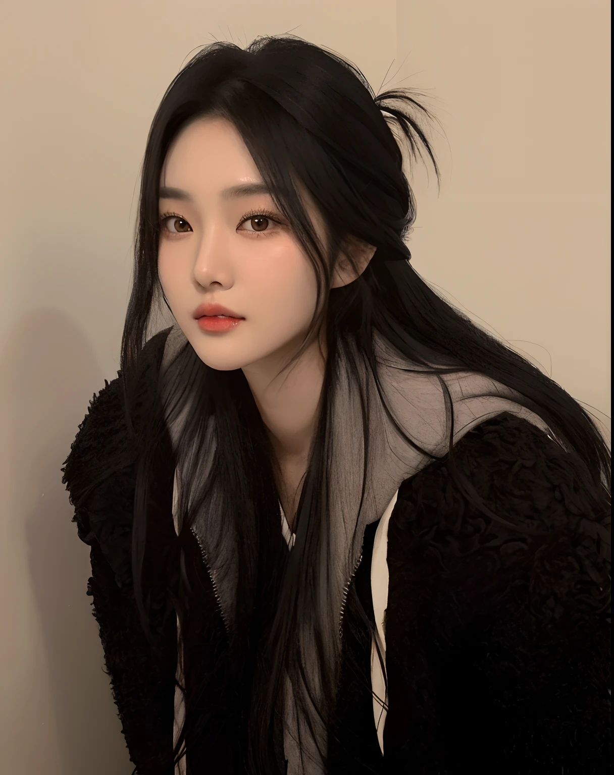 Asian woman araffed with long black hair and a black jacket, Jinyoung Canela, wan adorable korean face, coreana, Heonhwa Choe, Mulher sul-coreana bonita, Ela tem cabelo preto com franja, Ulzzang, young adorable korean face, Jaeyeon Nam, Hwang SE - EM, linda mulher coreana jovem, Lee Ji-eun, mulher coreana jovem bonita