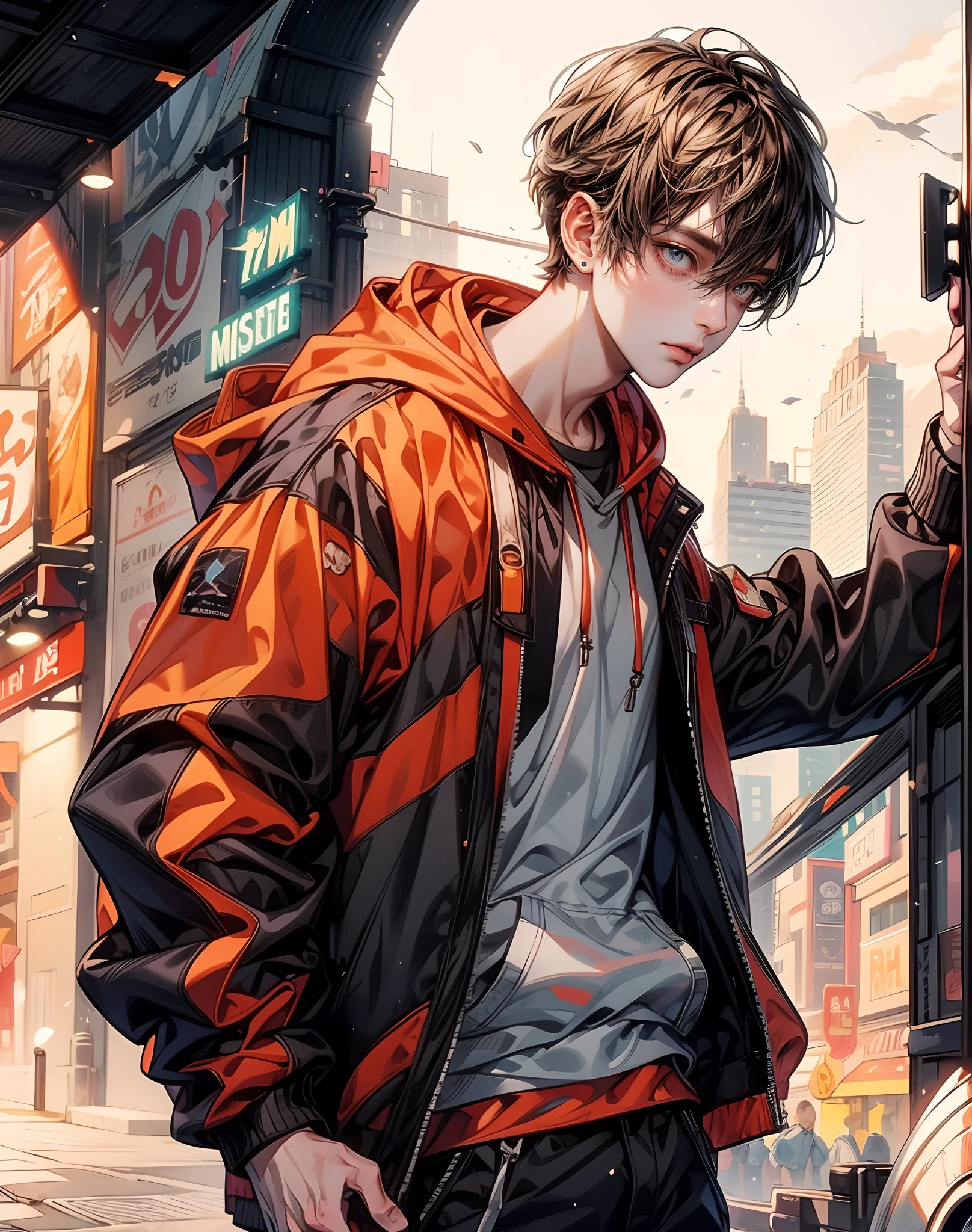 Top Quality, Masterpiece, High Resolution, 8k, Anime Style handsome man in Hoodie, One man, brown-short_hair, stylish hair,handsome, Detailed Line Art, Bright White and Bright Amber Style, Digital Enhancement, Close Up, wearing hoodie,monchrone,gray,orange,Flowing Fabric,city background,