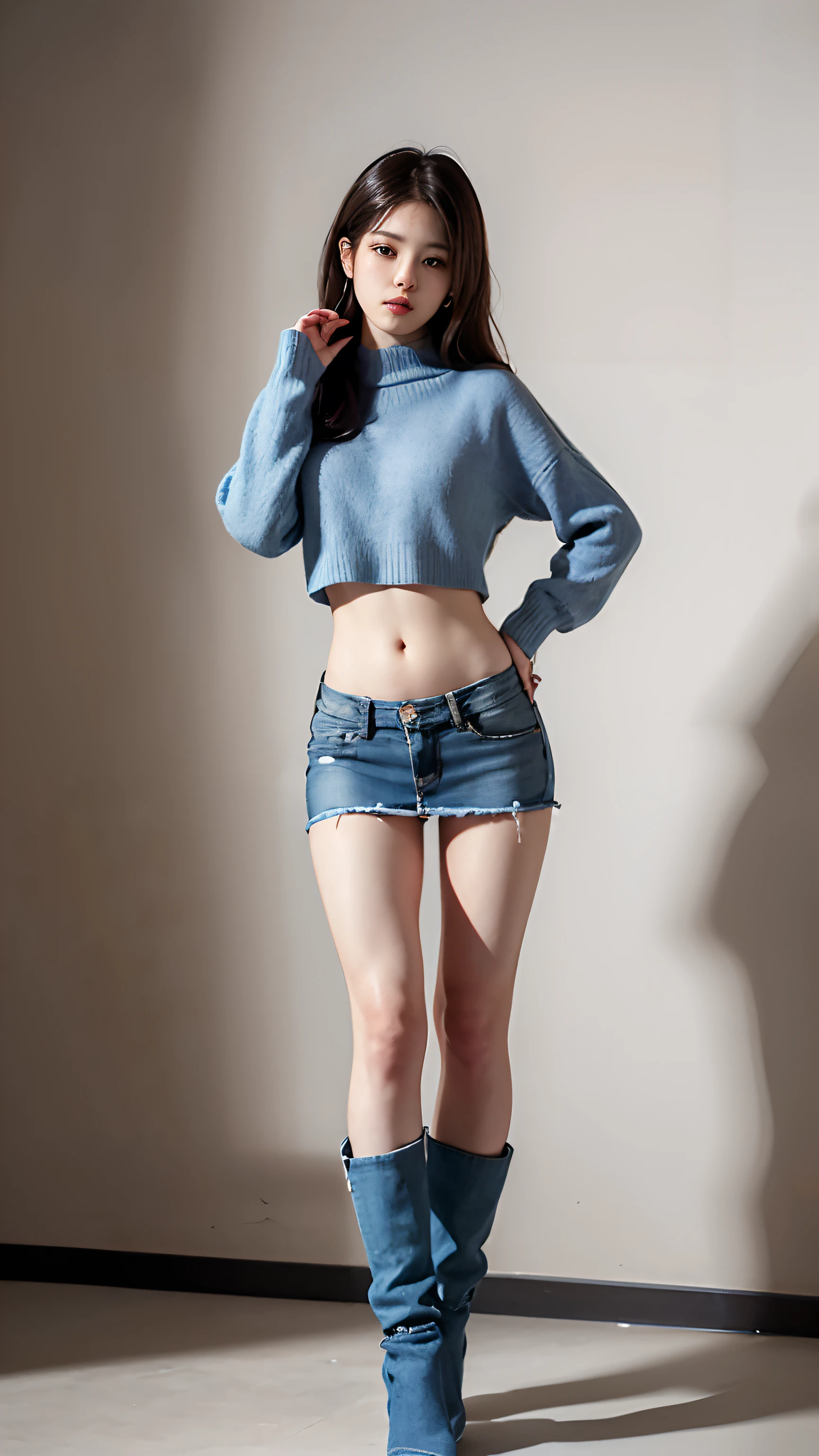 Slender Asian girl, Kpop Idol,, ((of the highest quality, 8K, masutepiece: 1.3)), Crisp focus: 1.2, Beautiful woman with perfect figure: 1.4, Highly detailed face and skin texture, Detailed eyes, skinny, Beautiful face, , full-length, ((wide open abdomen))、((open abdomen))、((wide open navel))、((open navel))、((Bare belly))、((Mid-Riff Sweater))、((Ultra-low rise、Denim Mini Skirt))、 ((Navel Ejection))、((small hips))、((Full body depiction))、((small  hip))、(boots)、((Ultra-low rise))、 ((Denim Mini Skirt))、((is standing))、