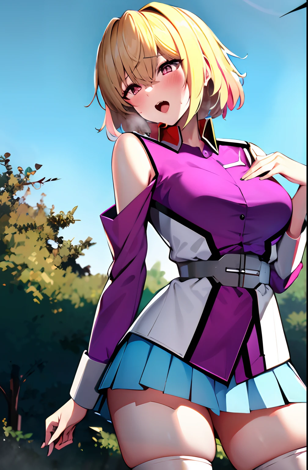masterpiece, best quality, highres, 1girl, solo, skirt, military uniform, short hair, messy hair, thighhighs, blush, sexy pose, medium breasts, seducing, screaming, outdoors