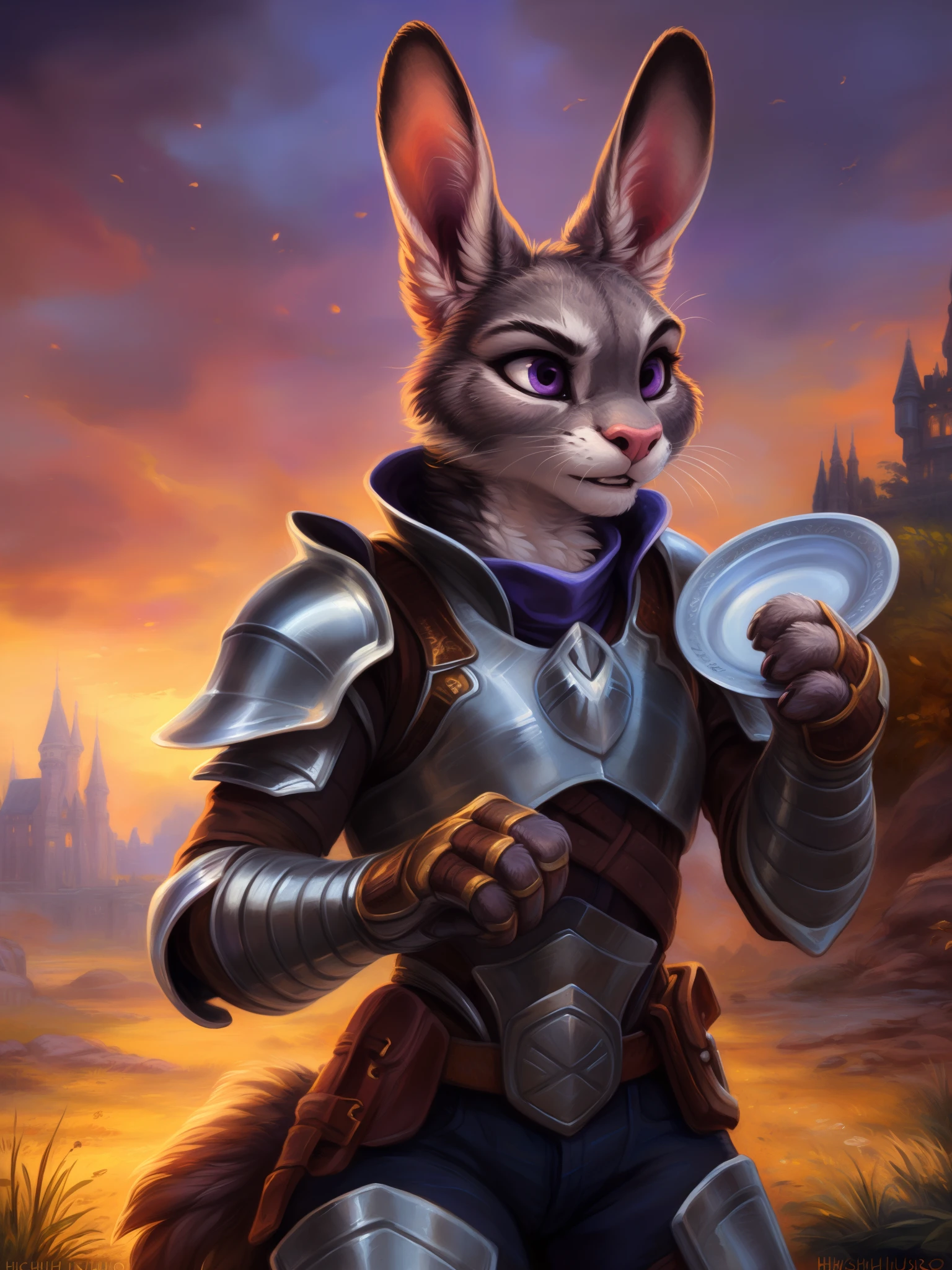 (8k, best quality, masterpiece), (by hioshiru and kenket and dimwitdog, Michael & Zaush, Inessa Garmash, Ruan Jia, Pino Daeni, Chunie), Judy Hopps as a knight paladin, anthro bunny, plate armor, female, purple eyes, angry expression, looks menacing, dramatic, cinematic lighting, trending on artstation, (muscular:0.7), solo, alone, castle on the background