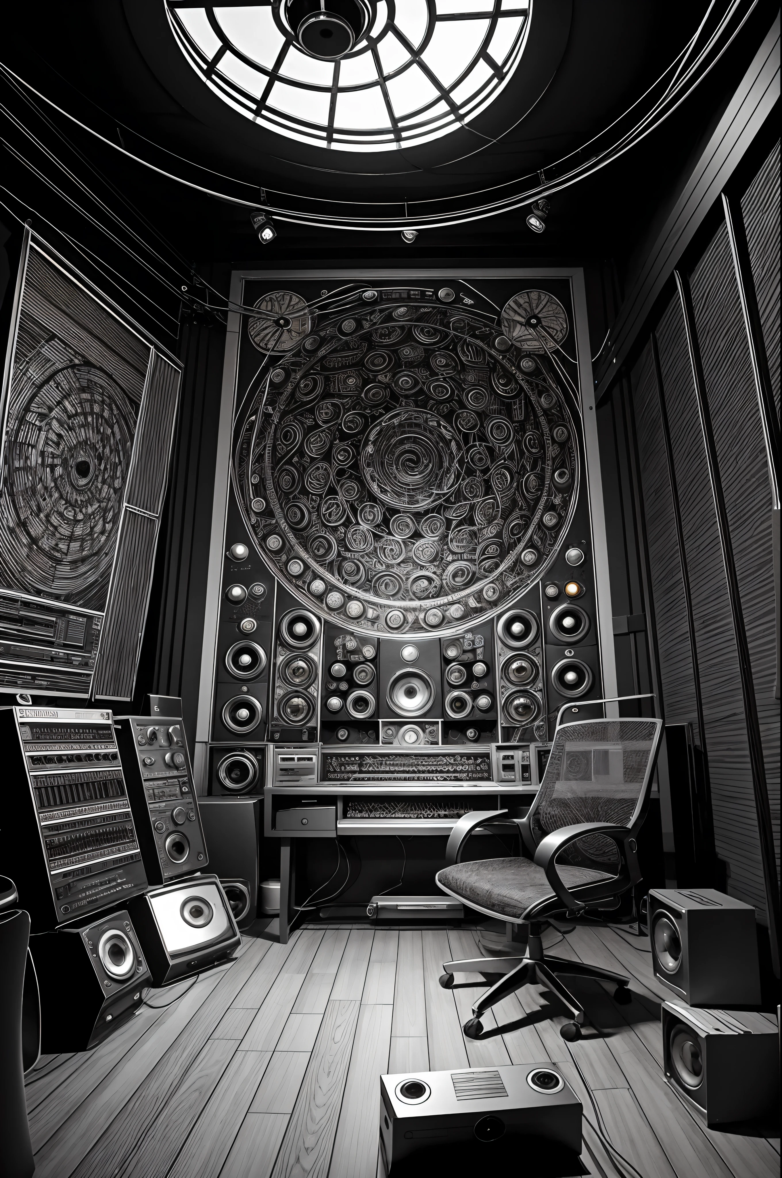 16k, UHD, Junji Ito Black And White Manga Style, arafed drawing of a recording studio with a desk, chair, and keyboard, background artwork, studio room, by Bob Ringwood, madhouse studio, studio, studio madhouse, artwork, studio picture, studio bones, in his basement studio, studio recording, interior background art, commissioned, studio shaft, mixing, fanart, by Thomas Dalziel, commission art