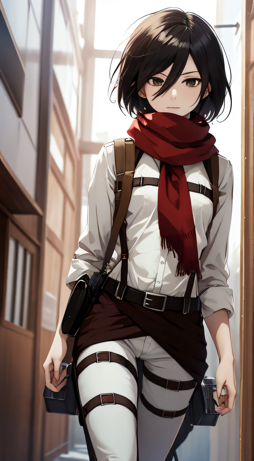 masterpiece, best quality, highres, hmmikasa, short hair, black eyes, scarf, belt, thigh strap, red scarf, white pants, white shirt, standing, cowboy shot,