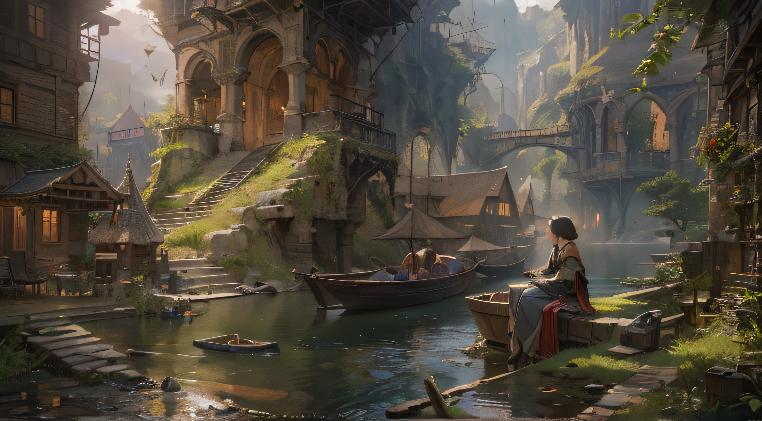 "(by Greg Rutkowski: 1.2), (masterpiece), ((best quality)), extremely delicate and beautiful, illustration, (fantasy landscape), A mesmerizing fantasy landscape with enchanting elements blending seamlessly. ((Eruyt Village)), A sense of tranquility and wonder fills the air, inviting exploration and discovery. Providing a distant view that captures the grandeur and atmosphere. From Brian Froud and Carne Griffiths and Wadim Kashin and John William Waterhouse, 8K post-production, high resolution, hyperdetailed, depth of field, HDR, intricate"