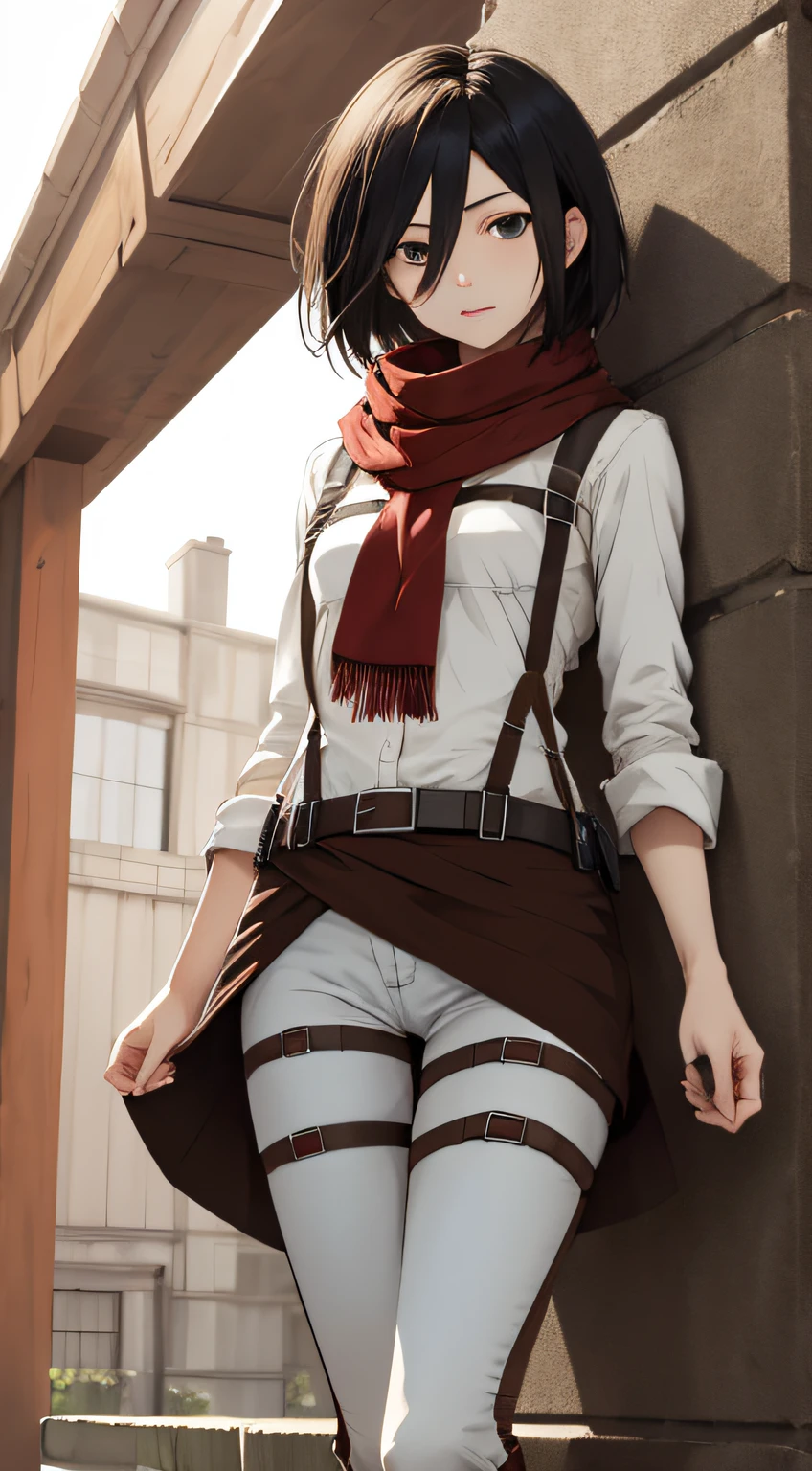 masterpiece, best quality, highres, hmmikasa, short hair, black eyes, scarf, belt, thigh strap, red scarf, white pants, white shirt, standing, cowboy shot,