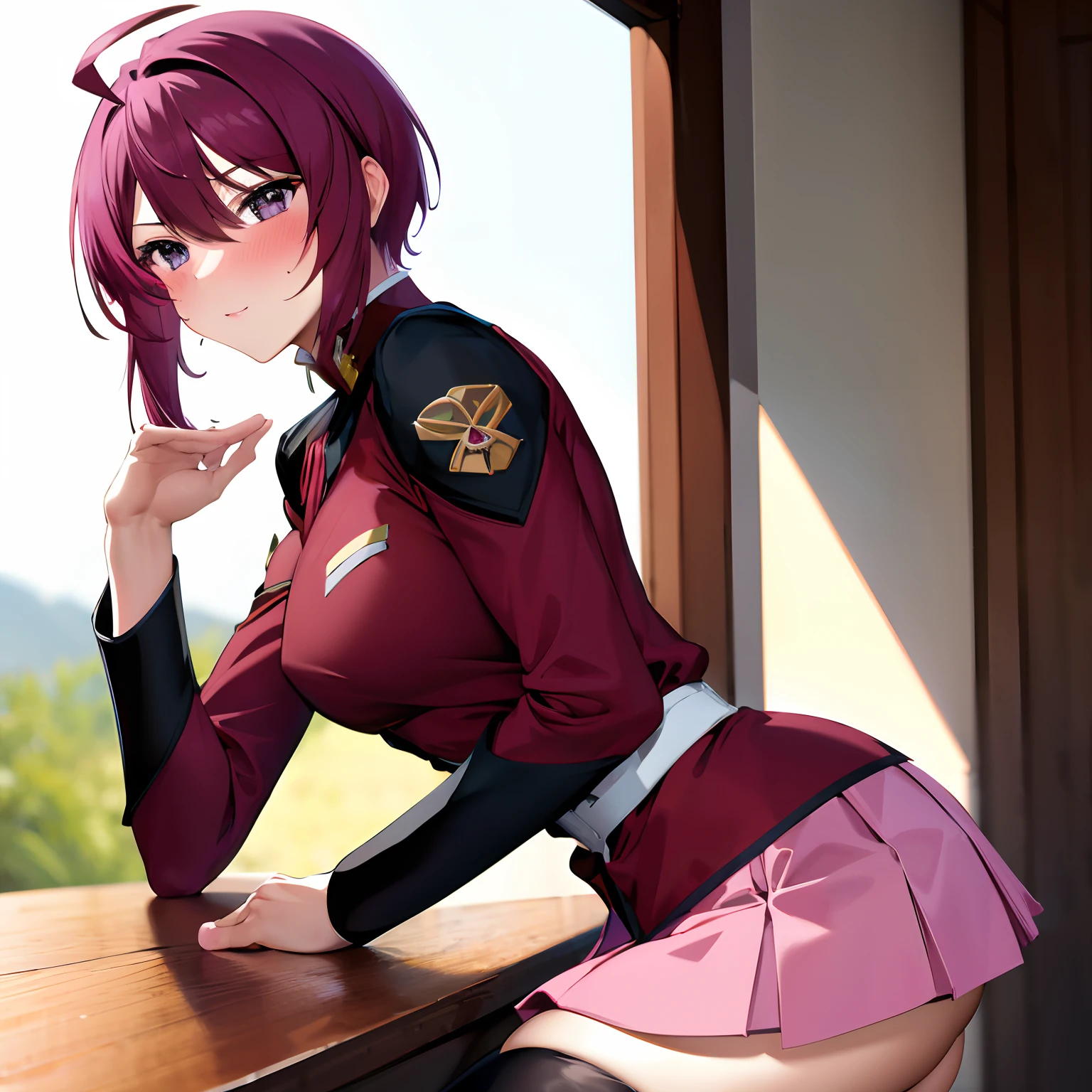 masterpiece, best quality, highres, 1girl, solo, pink skirt, military uniform, short hair, ahoge, black thighhighs, red hair, purple eyes, purple hair, long sleeves, blush, sexy pose, seducing, side view, outdoors