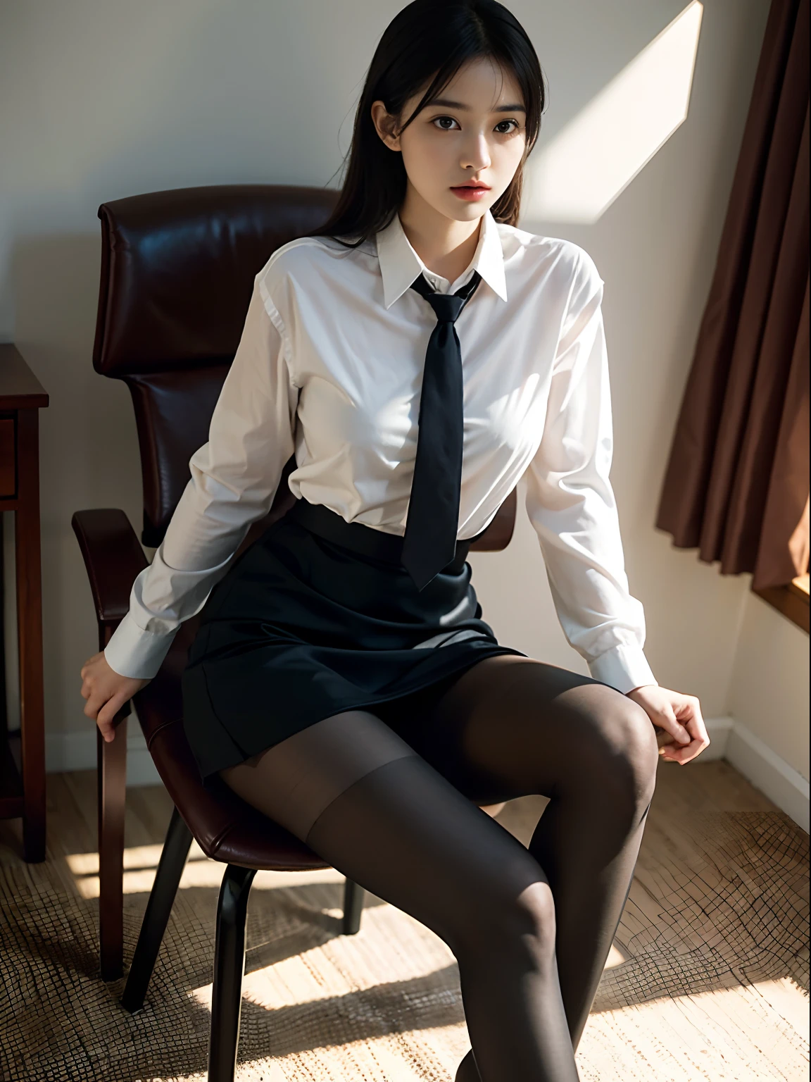 1girl,young girl, shiny skin,medium breasts,nice leg line:1.3, thin waist,school uniform, thighhighs,necktie,((pencil skirt)),looking at viewer,from below,( pantyhose:1.3),(The golden ratio figure),(Office, sit in a chair:1.3),Close range
masterpiece, best quality, best perspective, ultra-detailed and intricate, extremely delicate and beautiful, best quality light, (ray tracing:1.1), anti-aliasing,
realistic,photorealistic,award-winning illustration,(intricate details:1.2),(delicate detailed) (intricate details),(cinematic light,best quality Backlights),clear line,sharp focus,official art,unity 8k wallpaper,absurdres,incredibly absurdres,huge filesize,ultra-detailed,highres,extremely detailed extremely delicate and beautiful,RAW photo, professional lighting,dynamic lighting,light on the face,depthoffield,solofocus,