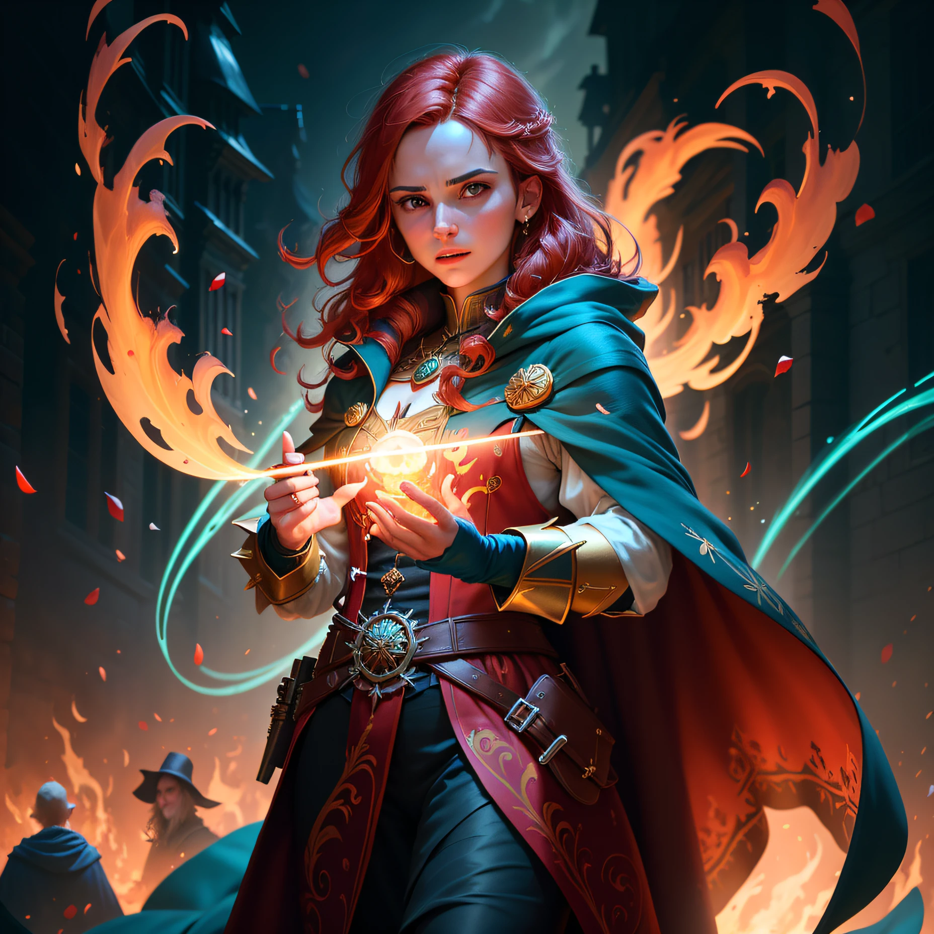 modelshoot style, (extremely detailed CG unity 8k wallpaper), full shot body photo of the most beautiful artwork in the world, english medieval, fire genasi sorcerer, black silk robe, nature magic, medieval era, painting by Ed Blinkey, Atey Ghailan, Studio Ghibli, by Jeremy Mann, Greg Manchess, Antonio Moro, trending on ArtStation, trending on CGSociety, Intricate, High Detail, Sharp focus, dramatic, painting art by midjourney and greg rutkowski, teal and gold, petals, countryside, action pose, casting a spell, red swirling magic, hands on fire, red skin, red hair