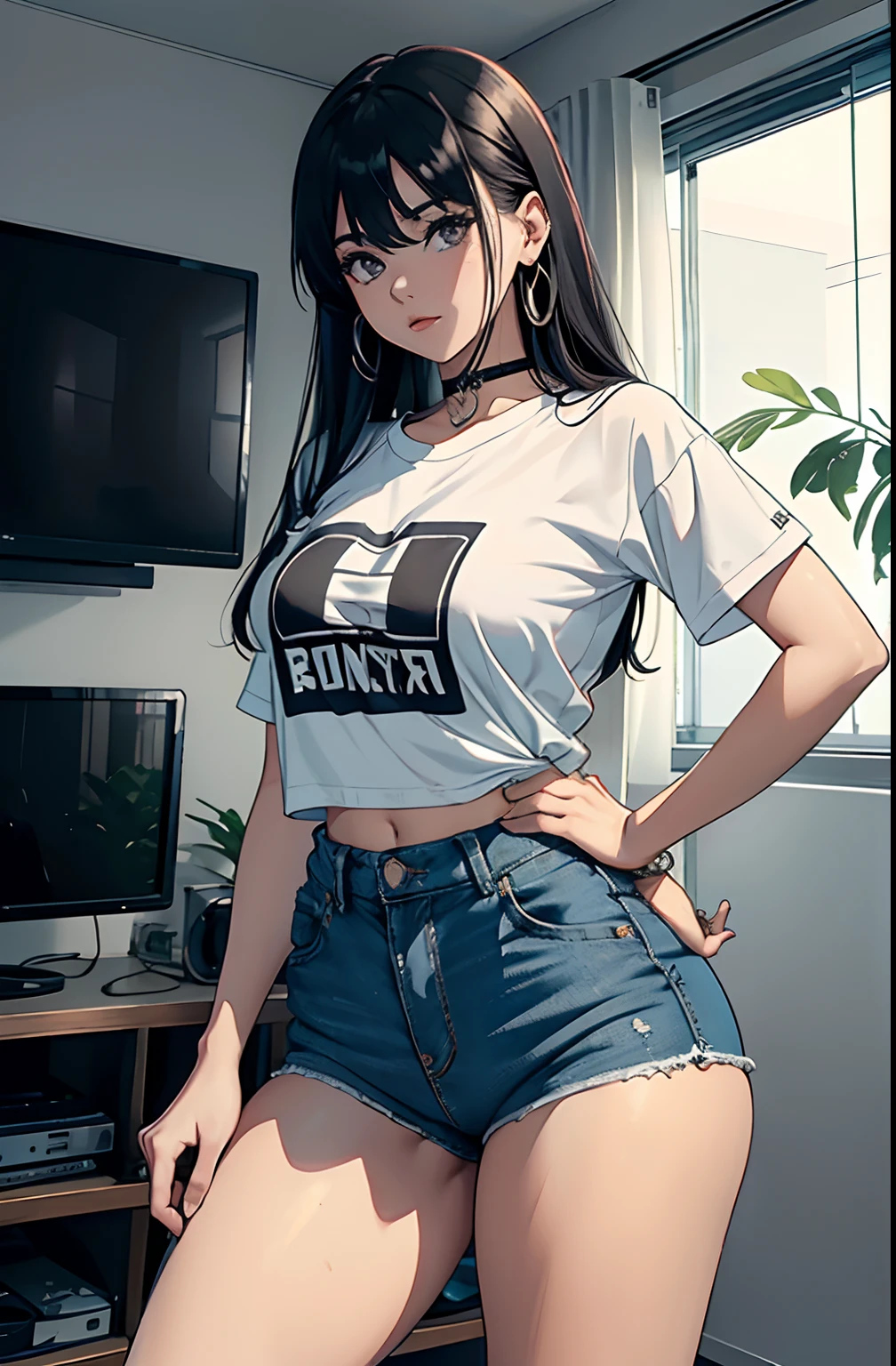 (Hinata Hyuga, muito sensual, com roupas apertadas, bunda grande, pernas grossas, Wearing extremely tight jeans, usando uma mini blusa, umbigo com pirsing, cabelo grande, Speaker behind, muito realista, extremamente sexy, 8k, 8k extremamente detalhado), (um extremamente delicado e bonito), (obra-prima), (melhor qualidade: 1.0), (ultra highres:1.0)