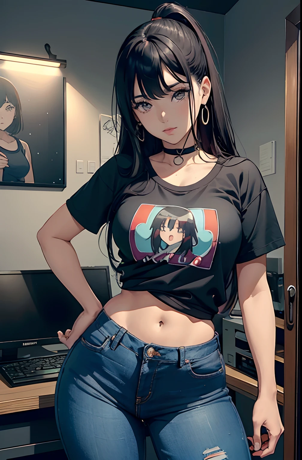 (Hinata Hyuga, muito sensual, com roupas apertadas, bunda grande, pernas grossas, calçaleggingpreta extremamenteapertada, usando uma mini blusa, umbigo com pirsing, cabelo grande, Speaker behind, muito realista, extremamente sexy, 8k, 8k extremamente detalhado), (um extremamente delicado e bonito), (obra-prima), (melhor qualidade: 1.0), (ultra highres:1.0)