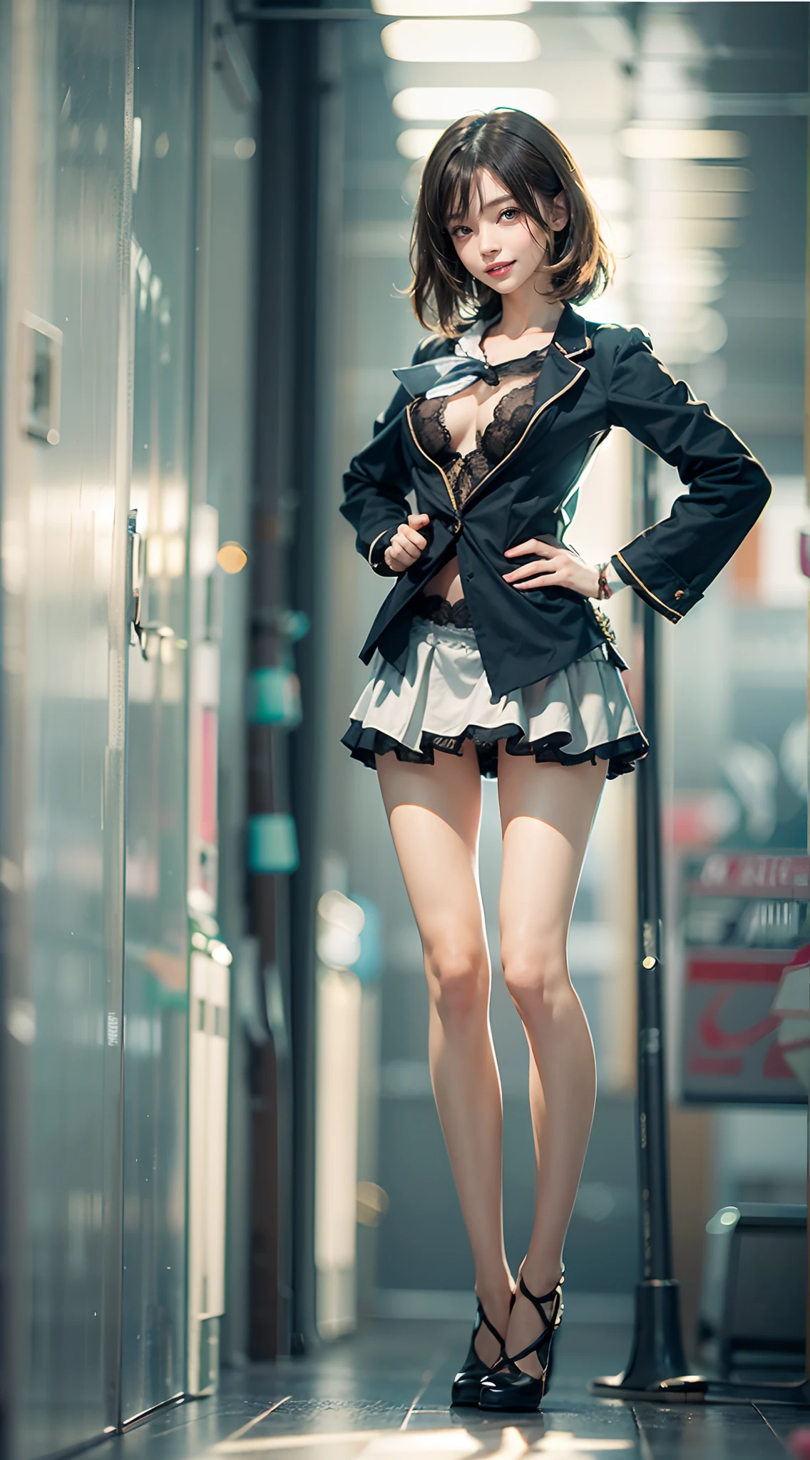 s Office, Shirt with white collar, a miniskirt, Panties with lace, Smiling smile, (The FW), 1womanl, 独奏, 24 year old, 7headed body, (Ideal ratio body proportions), (Composition from head to thigh), erectile nipple, Sexy body, Wet, short-hair, A dark-haired, small tits, A slender, Small buttocks, beauty legs, Skinny Legs, surrealism, Cinematic lighting, depth of fields, One-person viewpoint, F/1.8, 135 mm, nffsw, masutepiece, ccurate, ((Anatomically correct)), Textured skin, Super Detail, high details, High quality, awardwinning, Best Quality, hight resolution, 8K