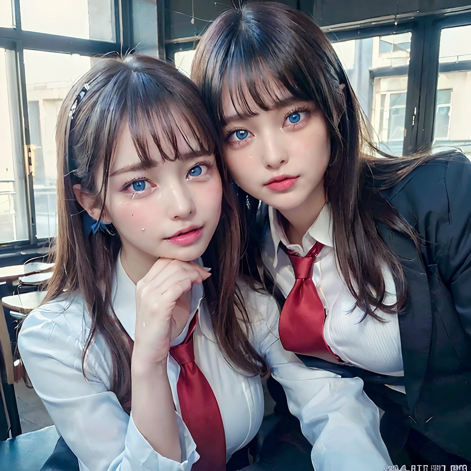 ((8K, top-quality, masterpiece, 超A high resolution, Photorealsitic:1.5)), 1girl in, cute sexy high schoolgirl, Perfect dynamic composition, In the school, tilt the neck, Take a look at you:1.4, Highly detailed eye and face texture:1.3, Fair skin, ((Open valley, red necktie, Blazer Uniform, Well-shaped big)), (Beautiful blue eyes, Eyes that feel beautiful eros:1,5, is crying:1.6), (Face feeling ecstasy:1.5, Sexy face:1.5), (A mouthfeel that feels beautiful eros:1.55, Duck mouth), (Intense courtship for viewers:1.7), ((((Too erotic))))