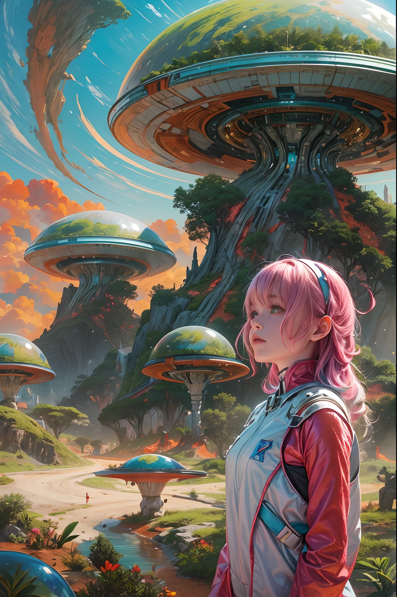 "A young girl with a sense of wonder explores an alien planet with vibrant chrome vegetation. The surreal landscape and flora create a stunning juxtaposition in a space-age paradise.