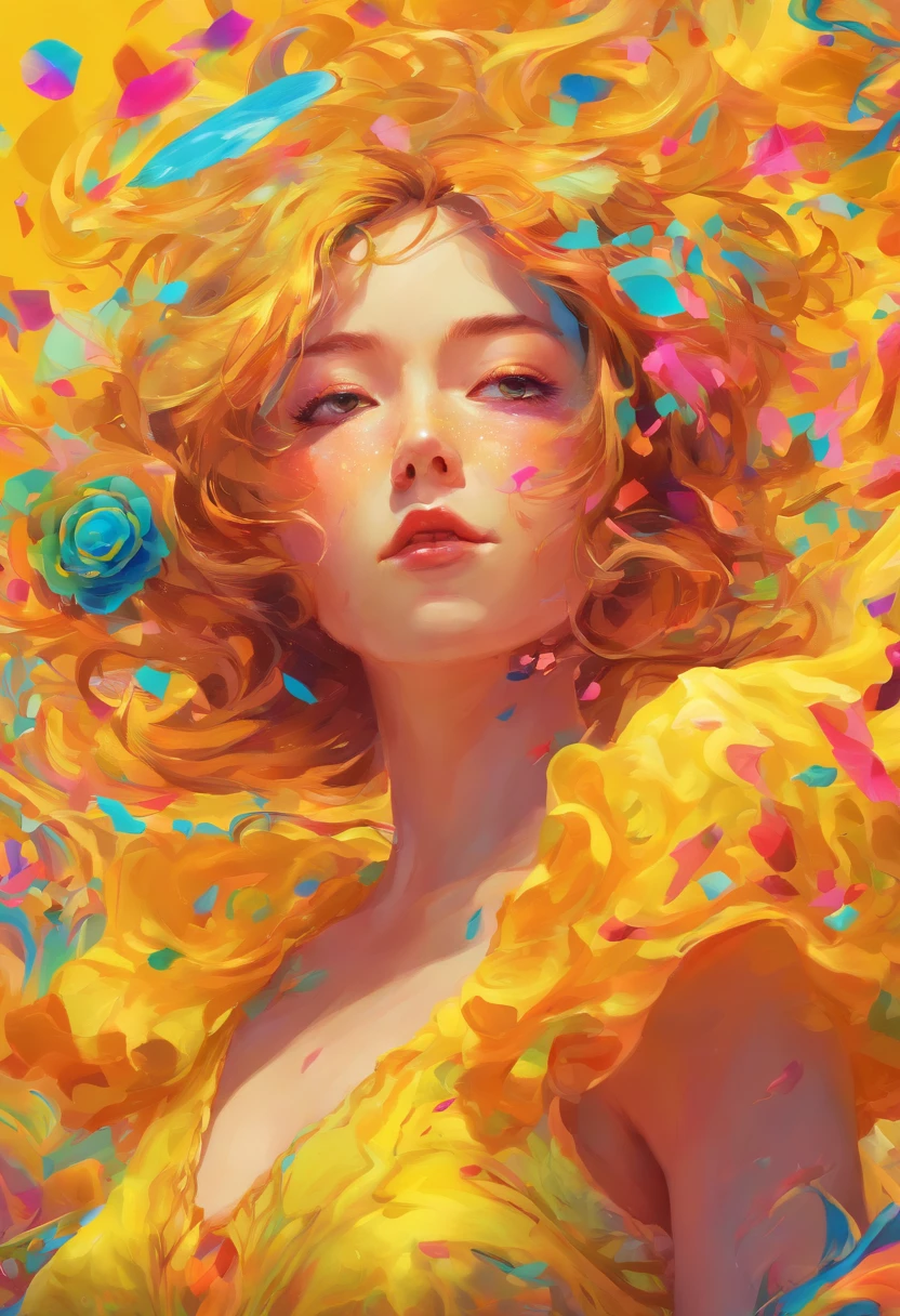 ((top-quality, 8K)), (Realistic), (Face Focus: 1.1), (amarelo: 1.3), Kawaii Girl, short-hair, 
Hair fluttering in the wind, Facing to the side, Look up at your face, Eyes closed, (Sleeveless: 1.1)、Skirt, D Cup Breasts,Countless petals are falling