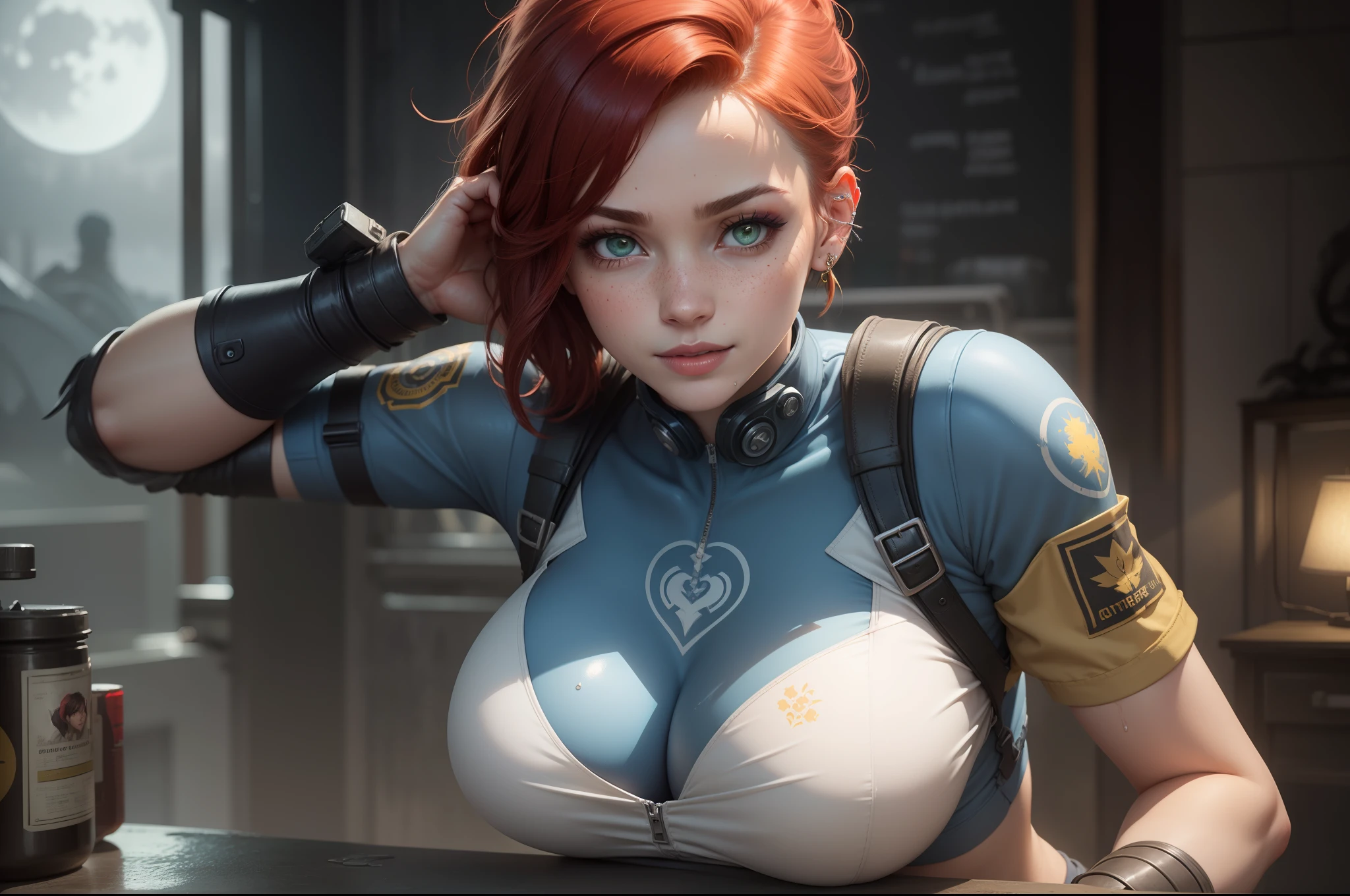 gwen tennyson,1girl,tracer,jill valentine, rebecca chambers,overwatch,resident evil,close up,mecha pilot,body paint, haunted mansion,tattoos,blue and gray plugsuit,white short sleeve silk top,steel cargo pants,uncovered belly, short hair,cute makeup,green eyes, red and gold hair,shy smile,freckles, redhead,beautiful girl,large breasts, ultra detailed,realistic,fantasy art, military uniform,steel armor,monster lab,moonlight,police uniform,pilot jacket,ear piercings,hair pin,wet shirt,