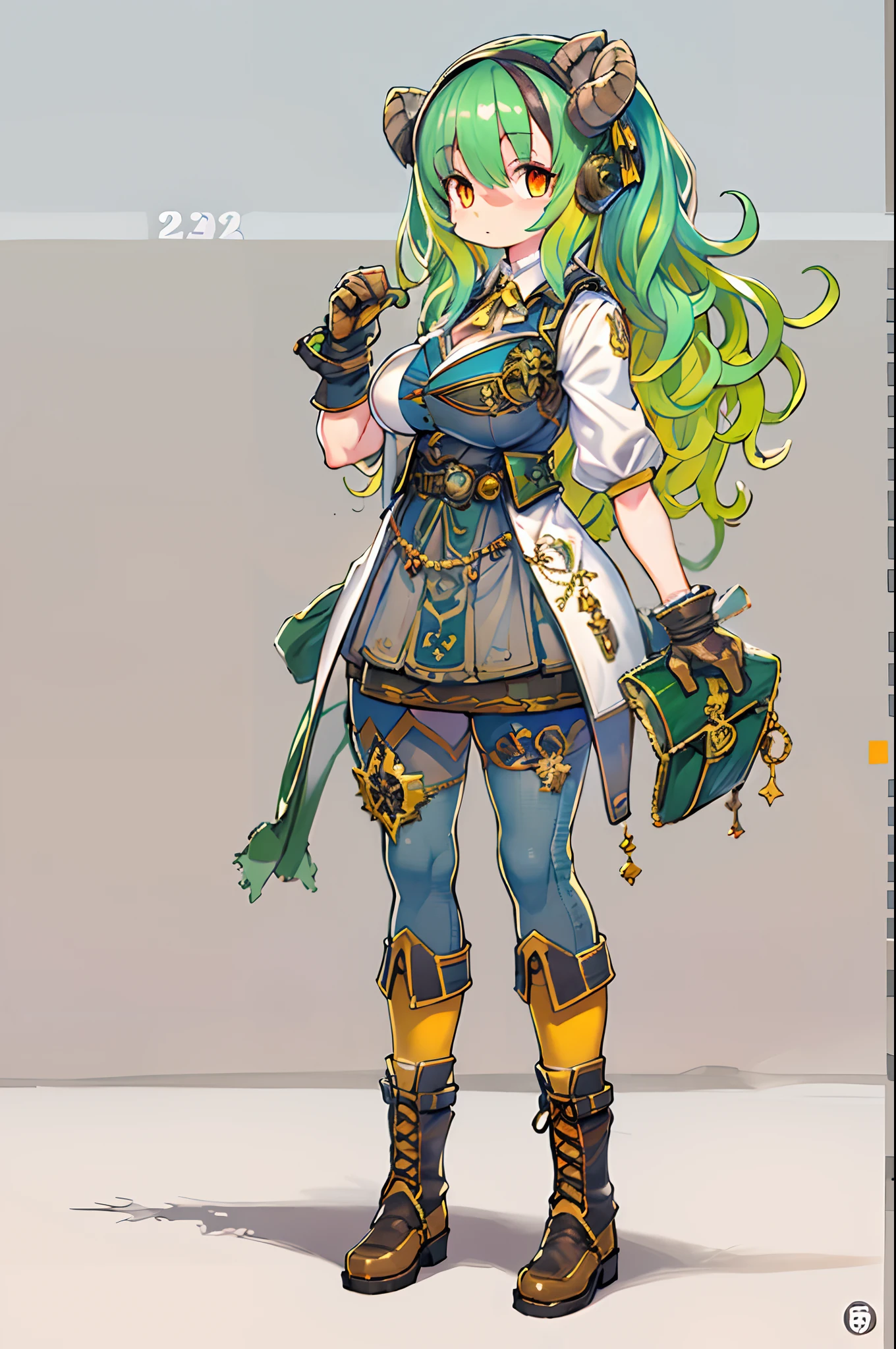 ((Live 2D))  masutepiece, 1girl in, Full body, standing straight, Steampunk clothes, military outfits, Looking at Viewer, Detailed face, Girl with green wavy hair, Bangs, Metal sheep horns, Gradient Hair, multicolored hair, light green hair, Turquoise Hair Tips, Wavy Hair, Gradient Eyes, Orange Eyes, (Simple background, White background: 1.3)