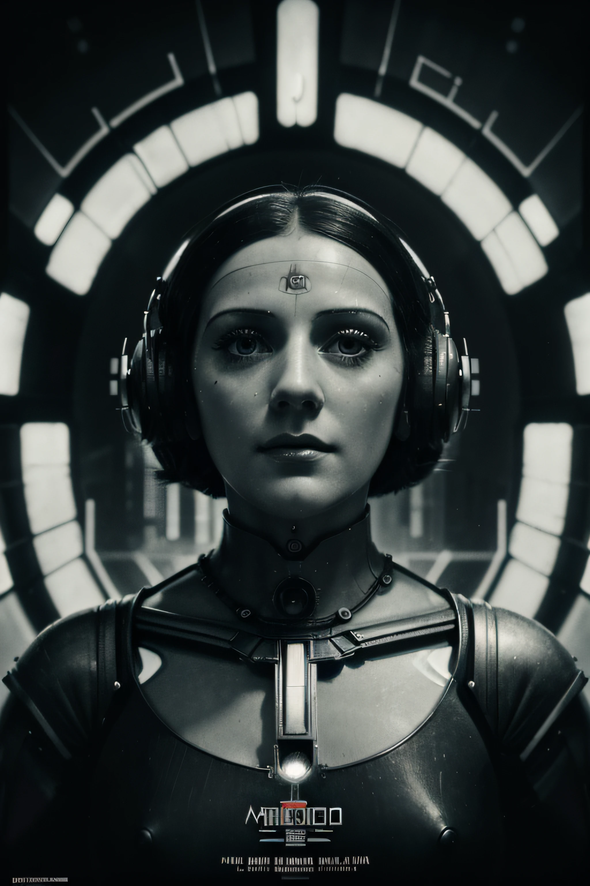 (Masterpiece, Best Quality), 8k Wallpaper, highly detailed, poster, Metropolis, Maria Robot, 1927, science fiction, German expressionist science-fiction silent film directed by Fritz Lang, sexy, horror thriller cinematic movie poster, Bauhaus, shapes, lines, abstract, propaganda, movie poster, vintage, double exposure.