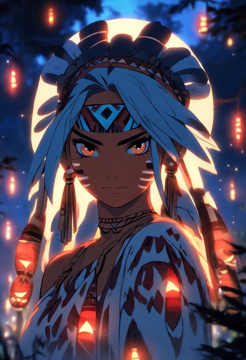 (((Indigenous woman))) best quality, very high resolution, detailed CG in 4K, masterpiece, white hair, night, moon in the background, amazon brazil, indigenous, indigenous tribes, indigenous city, forest, aesthetics, beautiful image, centered on screen, full body