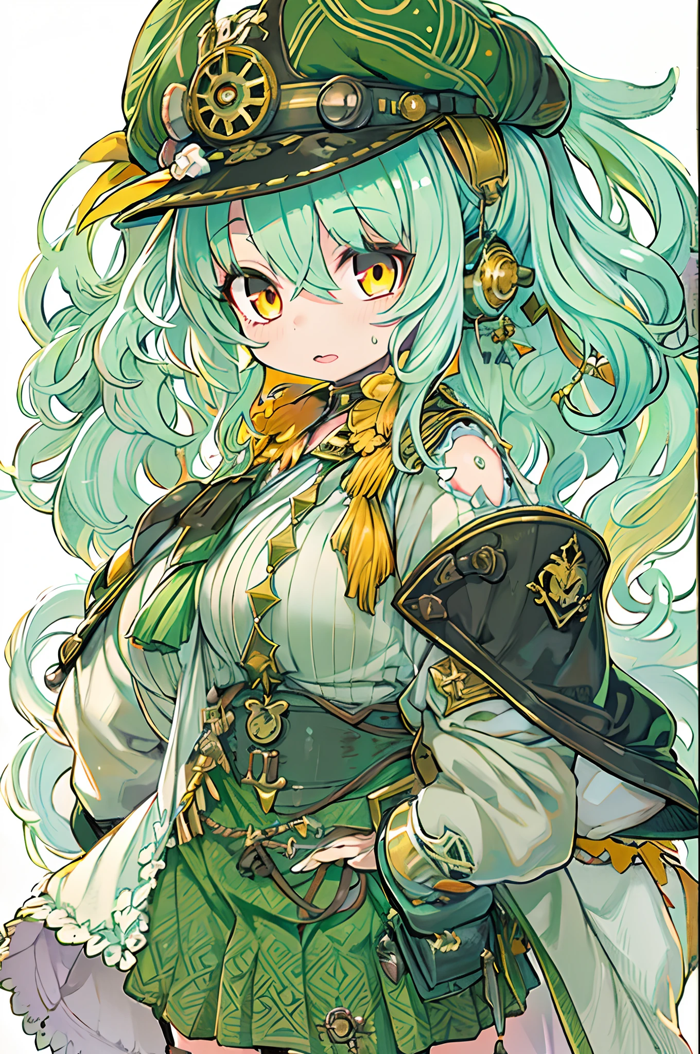 ((Live 2D)) masutepiece, 1girl in, Full body, standing straight, Steampunk clothes, military outfits, Looking at Viewer, Detailed face, Girl with green wavy hair, Bangs, Metal sheep horns, Gradient Hair, multicolored hair, light green hair, Turquoise Hair Tips, Wavy Hair, Gradient Eyes, Orange Eyes, (Simple background, White background: 1.3)