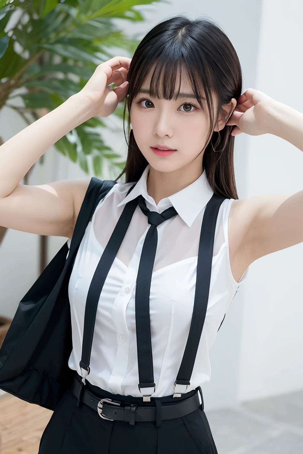 (masutepiece:1.2),High quality,vivd colour,flat-colors,Deep Depth Of Field,Lens Flare,1 girl,Black hair,eyecontact,Suit,Collared shirt,Belt bag,suspenders,Professional,Office Lady,Mature Women,Black Suit,Black jacket,Gaze,ample bosom,Armpit sweat,Exposing the armpits"Pichi Pichi clothes