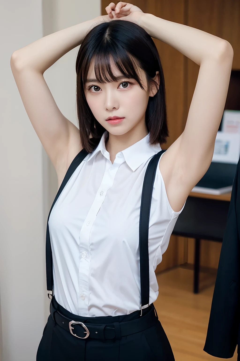(masutepiece:1.2),High quality,vivd colour,flat-colors,Deep Depth Of Field,Lens Flare,1 girl,Black hair,eyecontact,Suit,Collared shirt,Belt bag,suspenders,Professional,Office Lady,Mature Women,Black Suit,Black jacket,Gaze,ample bosom,Armpit sweat,Exposing the armpits"Pichi Pichi clothes