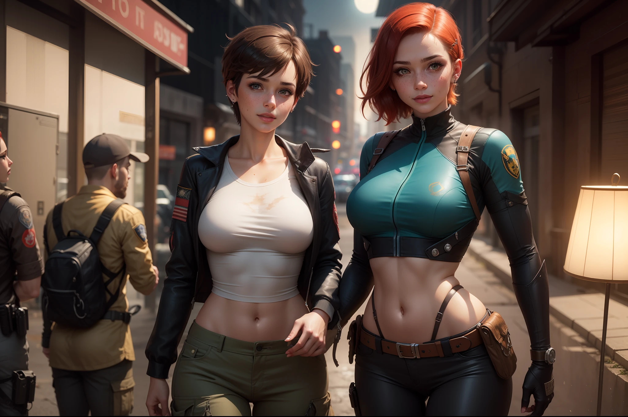 gwen tennyson,1girl,tracer,jill valentine, rebecca chambers,overwatch,resident evil,close up,mecha pilot,body paint, haunted mansion,tattoos,blue and gray plugsuit,white short sleeve silk top,steel cargo pants,uncovered belly, short hair,cute makeup,green eyes, red and gold hair,shy smile,freckles, redhead,beautiful girl,large breasts, ultra detailed,realistic,fantasy art, military uniform,steel armor,monster lab,moonlight,police uniform,pilot jacket,ear piercings,hair pin,wet shirt,