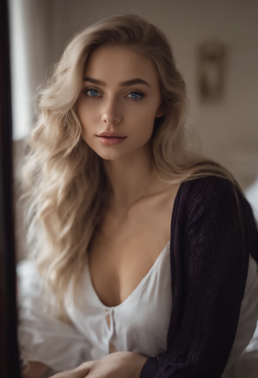 sexy girl with blue eyes, Portrait Sophie Mudd, Portrait of Corinna Kopf, blonde hair and big eyes, young woman, ohne Maquillage, natural make-up, Face with Artgram, dezentes Maquillage, Gorgeous full body photo, Walking in the city, big boobs, Blonde, Latin, Sexy black stocking, window in a room, haze, half naked, medium tits