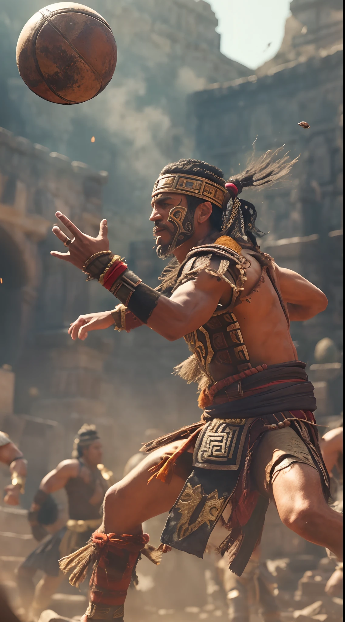 a man that is standing in the dirt with a ball, trending on Artstation, renaissance, aztec princess fights barbarians, still from a live action movie, 8 k highly detailed, danza azteca dancers, cinematic opening shot, in mortal kombat, indian warrior, gameplay still, dynamic action shot, natural lighting, 8 k, official, 8k, hyper realistic, vibrant colors, realistic textures, global illumination
