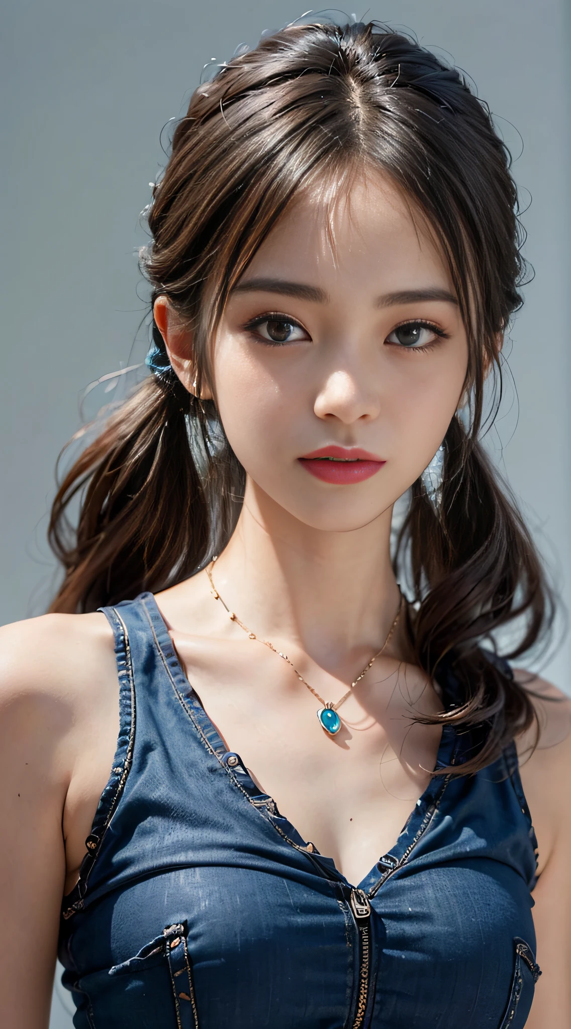 ((masterpiece:1.4)、(top-quality:1.4)、(reallistic:1.7))、masuter piece:1.4、Kawaii Girl、Portrait photos、Close-up photos、Upper body photography、beautiful countenance、defiance、dark backgrounds、Narrow waist、poneyTail、Raw photo、red-lips、a choker:1.4、a necklace:1.4、耳Nipple Ring:1.4、1 screen display、