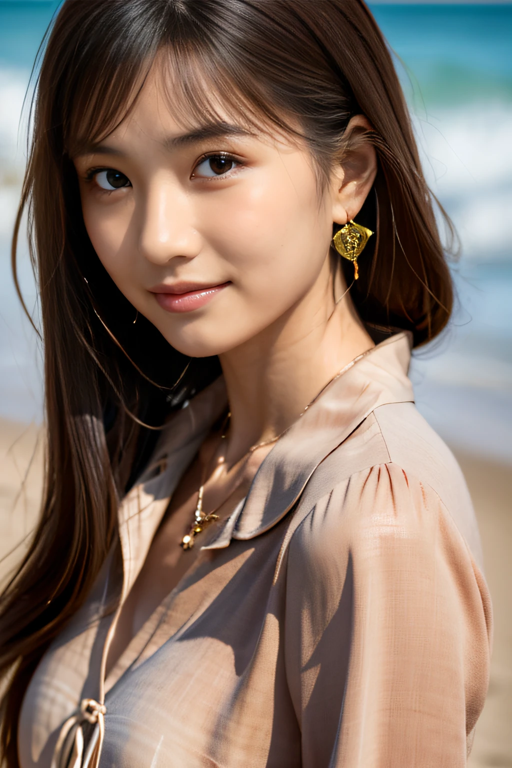(Masterpiece:1.3), (8K), (Best Quality:1.4), (UHD), (Photorealistic), (Raw Photography), (1girl), (Ultra High Details), (Detailed face), perfect face, (Detailed hair), Beautiful hair, bangs, Layer Cut, (symmetrical eyes:1.3), (Detailed eyes), (Detailed skin), Realistic skin, Ultra high definition, (medium breasts:0.6), (slim figure), (super model figure), gentle smile, Japanese cute girl, 

(wearing a Brown damask pattern shirt), earrings, necklace, 
Portrait, On the beach in Okinawa, close up face:1.3
