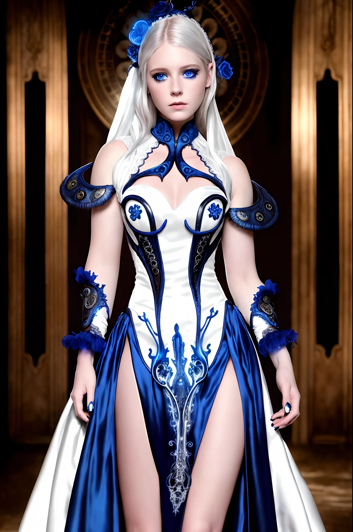 Masterpiece, RAW photo, hyper photorealistic, Full length portrait, Dramatic shadows, (((Best Quality))), highly detailed, cute sexy Erin Moriarty, detailed perfect eyes, luminism, 8k resolution, WLOP, realistic steampunk, fractal isometrics details bioluminescens, white platinum hair, intricately detailed, cinematic, Centered cover photo, awesome full color, dark atmosphere, white and blue exotic minimal dress, blurred steampunk background,