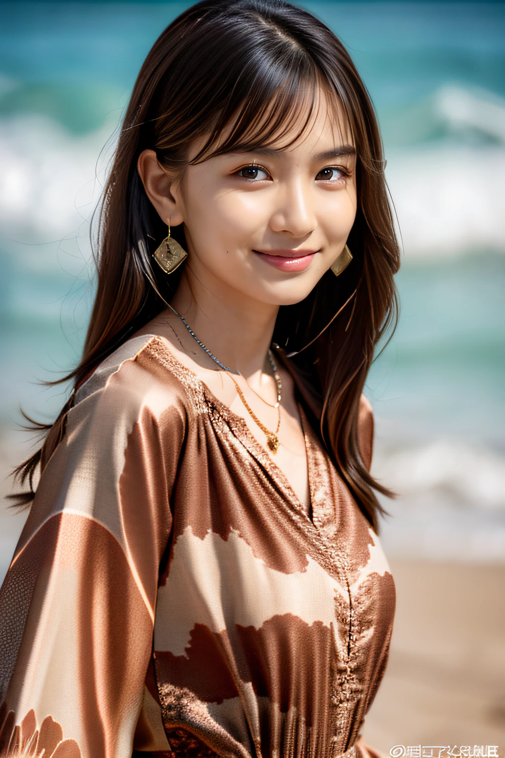 (Masterpiece:1.3), (8K), (Best Quality:1.4), (UHD), (Photorealistic), (Raw Photography), (1girl), (Ultra High Details), (Detailed face), perfect face, (Detailed hair), Beautiful hair, bangs, Layer Cut, (symmetrical eyes:1.3), (Detailed eyes), (Detailed skin), Realistic skin, Ultra high definition, (medium breasts:0.6), (slim figure), (super model figure), gentle smile, Japanese cute girl,
(wearing a Brown damask pattern shirt), earrings, necklace,
Portrait, On the beach in Okinawa, close up face:1.3