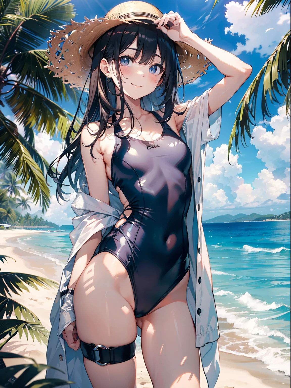 The ultra -The high-definition、high-level image quality、top-quality、Full limbs、complete fingers、Beautuful Women、1 persons、embarassed expression、ssmile、White School Swimsuit、knee high、Indentation、standingn、Grow legs、Summer Beach、cinematlic lighting