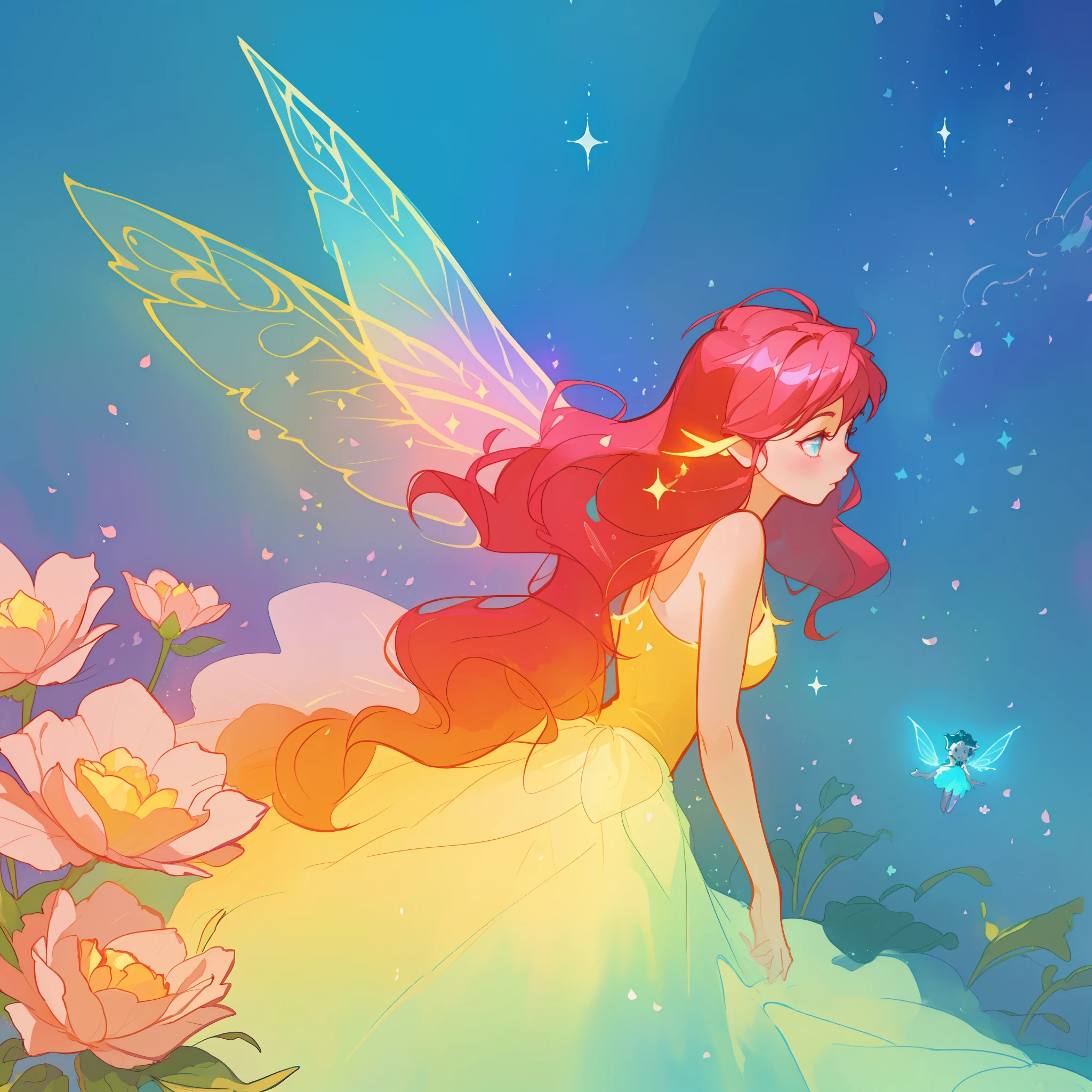 beautiful girl in flowing ballgown dress, (glowing fairy wings), glowing flowing ballgown, long wavy hair, sparkling fairy wings, watercolor illustration, flowers and colorful plants, inspired by Glen Keane, inspired by Lois van Baarle, disney art style, by Lois van Baarle, glowing aura around her, by Glen Keane, jen bartel, glowing lights! digital painting, flowing glowing hair, glowing flowing hair, beautiful digital illustration, fantasia otherworldly landscape plants flowers, beautiful, masterpiece, best quality, anime disney style