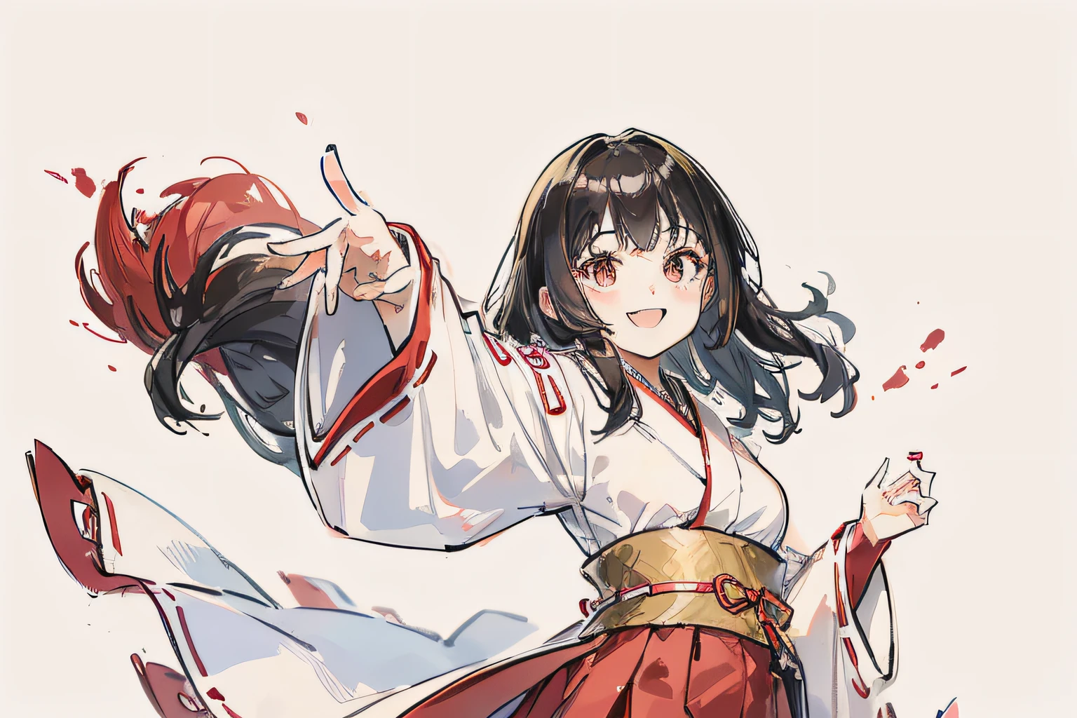 teens girl、Fluffy smile、Dark hair、White kimono、long red skirt、Reaching out、simple background
