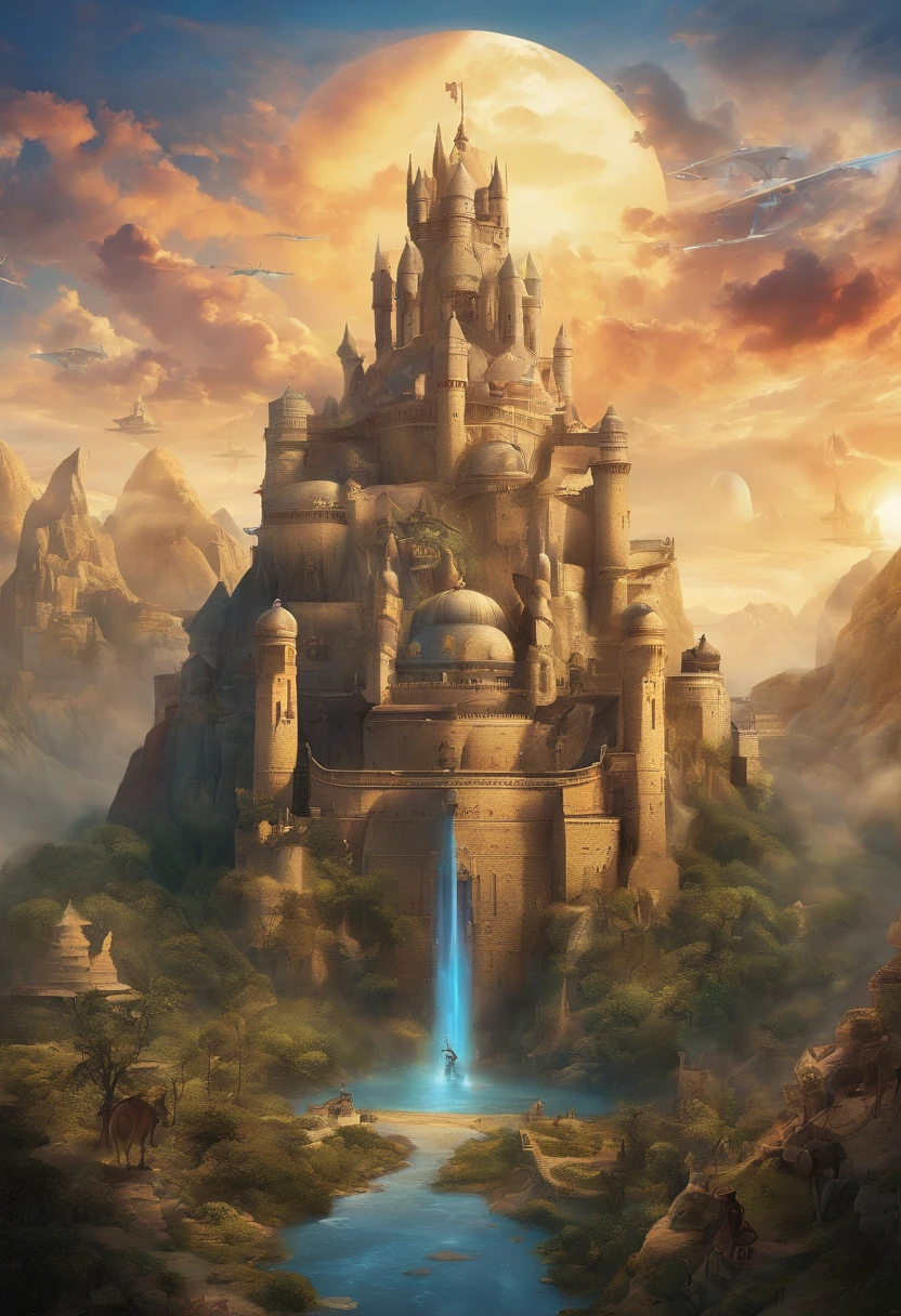 (magical fantasy universe poster:1.2),contraband checkpoint,guard for the empire of Marginalia,majestic magical atmosphere,detailed epic landscape,imposing fortress,beautifully crafted emblem of the empire,grand entrance gate,elaborate uniforms of the guards,ornate weapons and armor,mythical creatures scattered around,glowing crystals adorning the walls,mystical fog floating in the air,enchanted creatures welcoming newcomers,treasure chests filled with rare artifacts,whispering voices of ancient legends,magical spells protecting the checkpoint,golden sunlight casting an ethereal glow,vibrant colors depicting the diversity of the empire's inhabitants,dynamic composition capturing the excitement of the fantasy world,prominently displayed rules and regulations for the guards,exquisite attention to detail showcasing the empire's commitment to security and order,(highres,ultra-detailed) artwork,impressive level of artistic skill,imagination and creativity,evocative and immersive artwork,realistic representation of the fantasy universe,enchanting atmosphere that draws viewers into the world of Marginalia,impressive use of shadows to create depth and dimension,subtle yet impactful lighting to enhance the magical ambiance,intense focus on capturing the essence of the fantasy genre