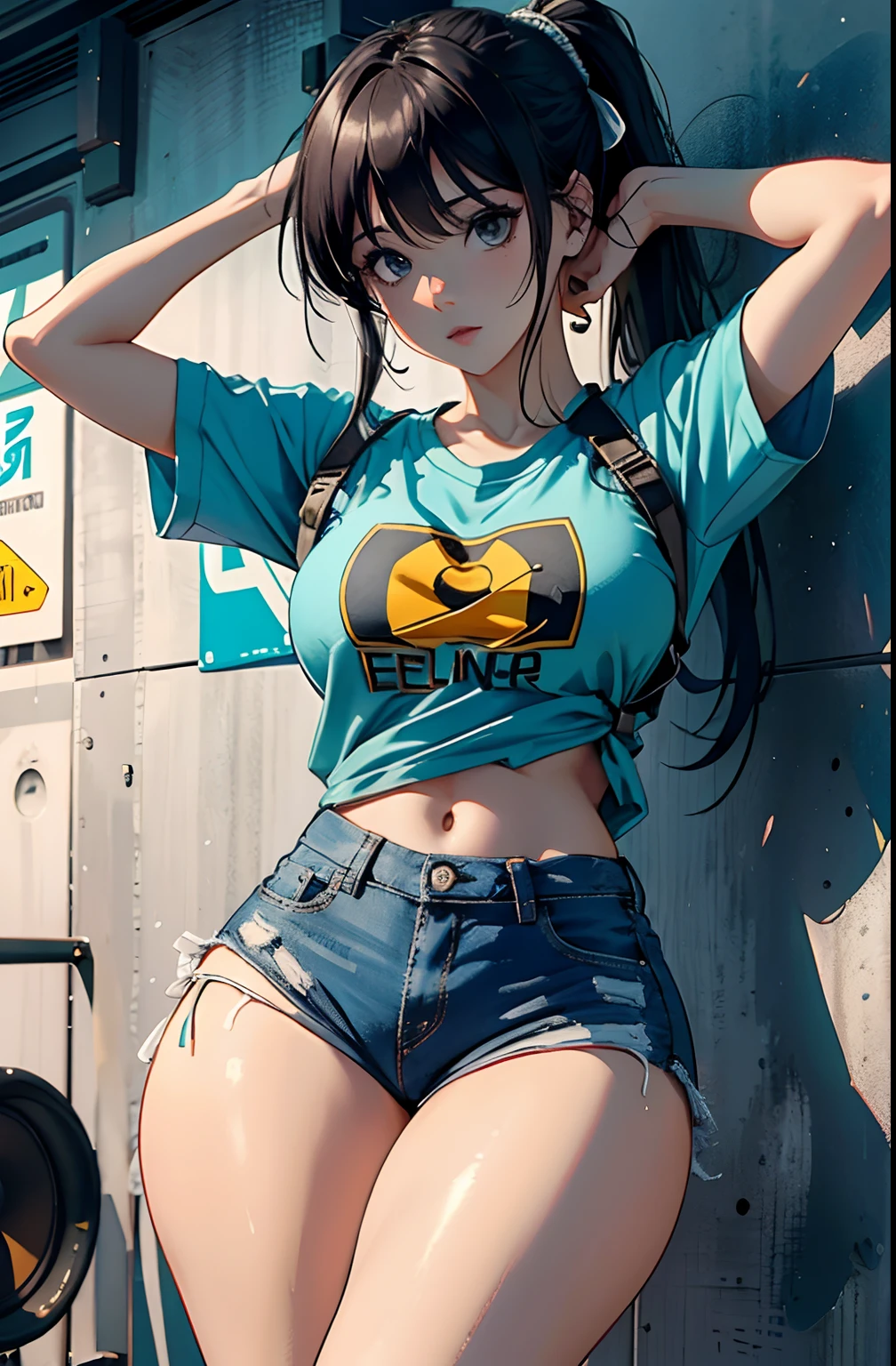 (Hinata Hyuga, muito sensual, com roupas apertadas, bunda grande, pernas grossas, Wearing extremely tight jeans, usando uma mini blusa, umbigo com pirsing, cabelo grande, Speaker behind, muito realista, extremamente sexy, 8k, 8k extremamente detalhado), (um extremamente delicado e bonito), (obra-prima), (melhor qualidade: 1.0), (ultra highres:1.0)