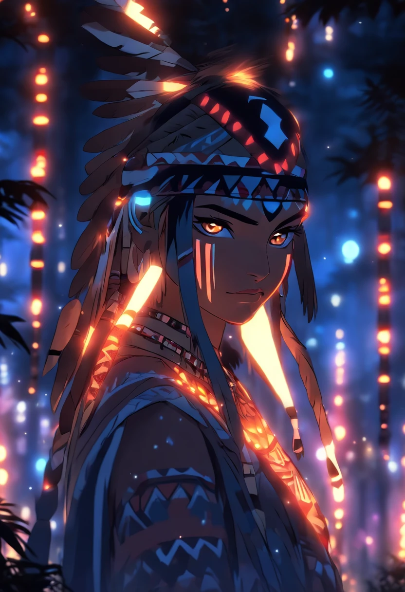(((Indigenous woman))) best quality, very high resolution, detailed CG in 4K, masterpiece, white hair, night, moon in the background, night tones, amazon brazil, indigenous, indigenous tribes, indigenous city, forest, aesthetics, beautiful image, centered on screen, full body