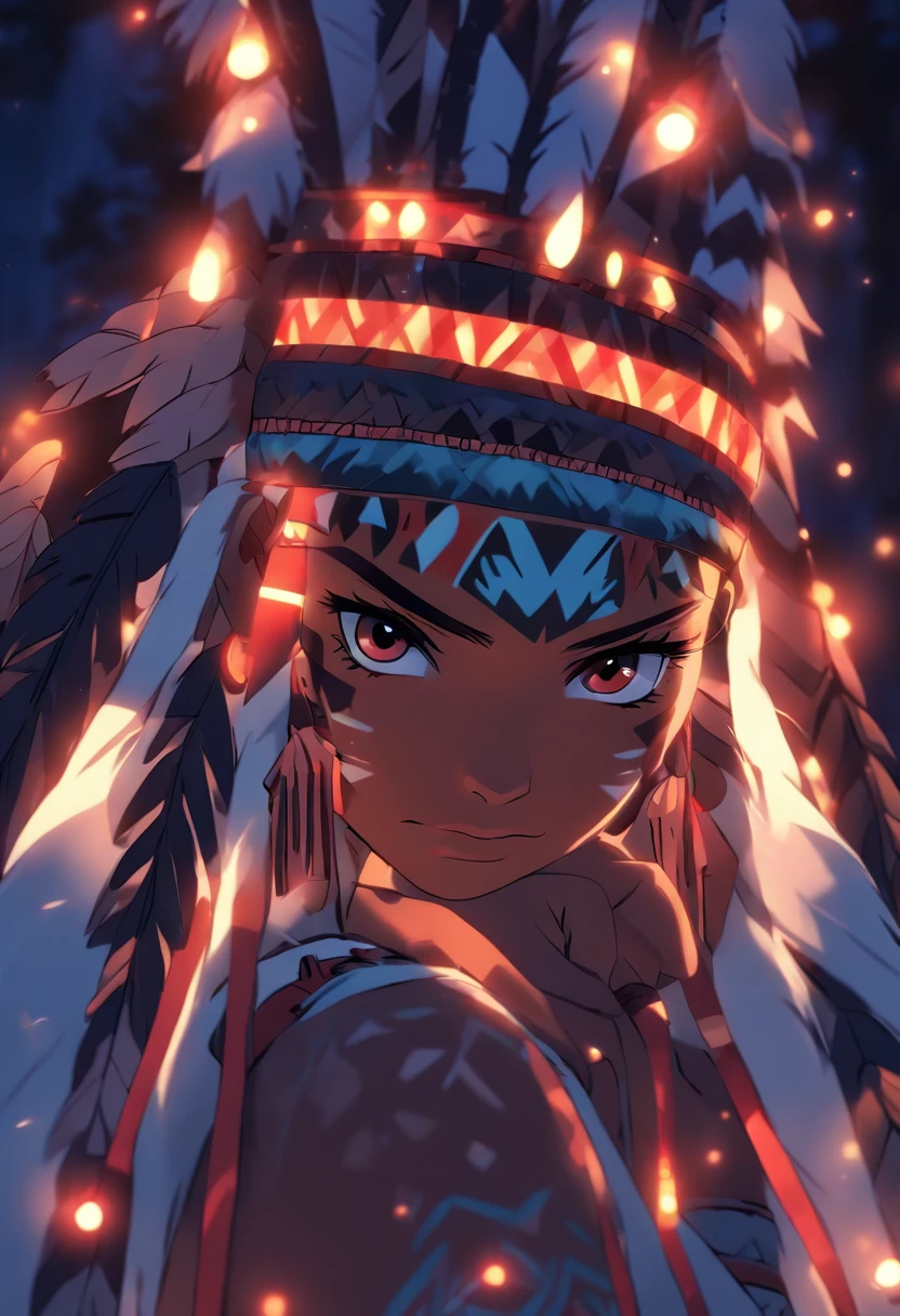(((Indigenous woman))) best quality, very high resolution, detailed CG in 4K, masterpiece, white hair, night, moon in the background, night tones, amazon brazil, indigenous, indigenous tribes, indigenous city, forest, aesthetics, beautiful image, centered on screen, full body