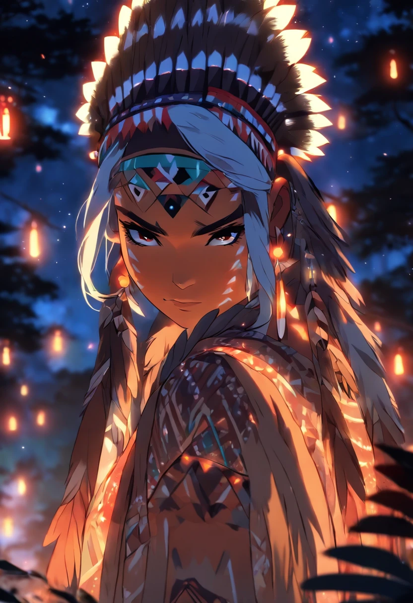 (((Indigenous woman))) best quality, very high resolution, detailed CG in 4K, masterpiece, white hair, night, moon in the background, amazon brazil, indigenous, indigenous tribes, indigenous city, forest, aesthetics, beautiful image, centered on screen, full body