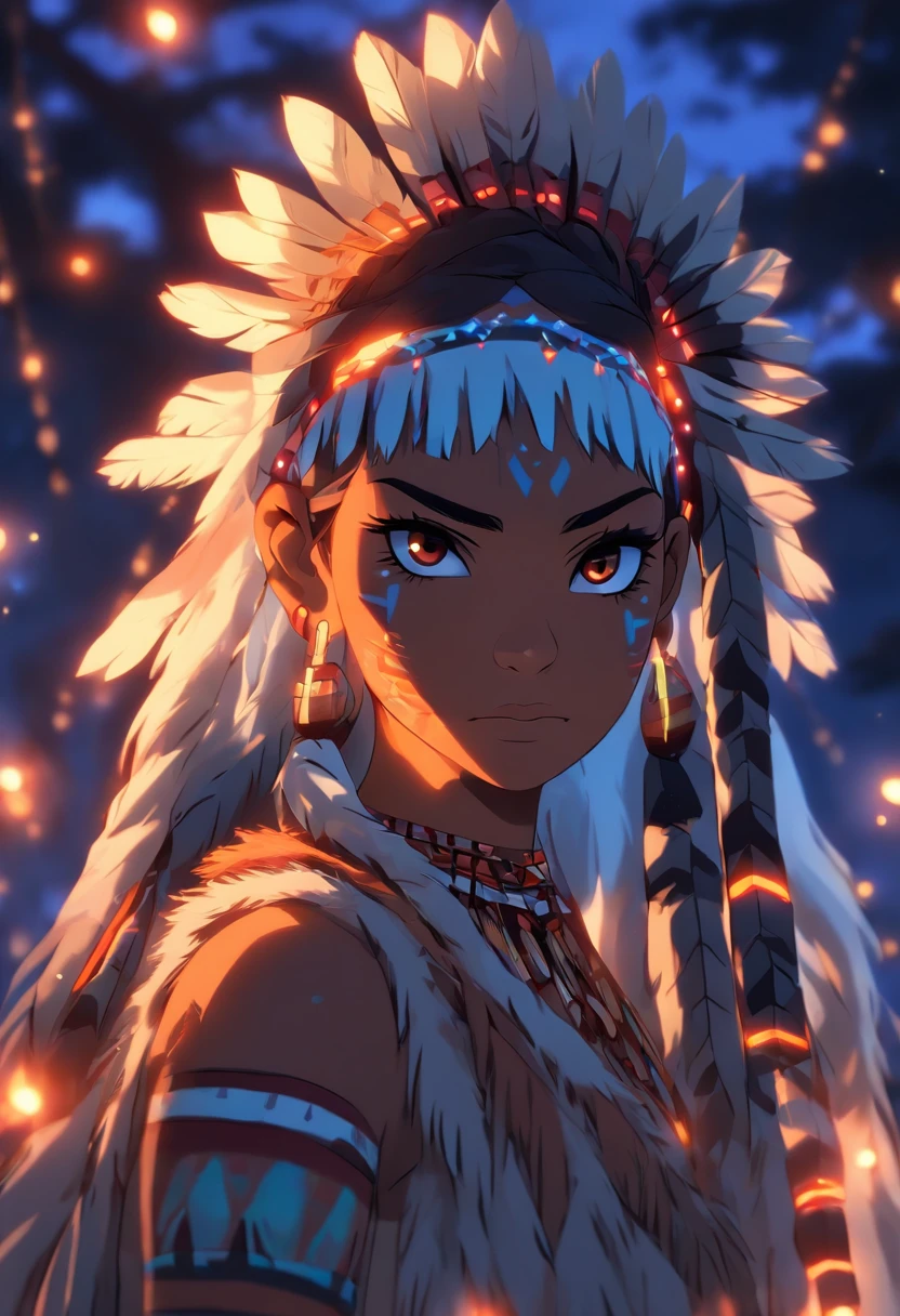 (((Indigenous woman))) best quality, very high resolution, detailed CG in 4K, masterpiece, white hair, night, moon in the background, night tones, amazon brazil, indigenous, indigenous tribes, indigenous city, forest, aesthetics, beautiful image, centered on screen, full body