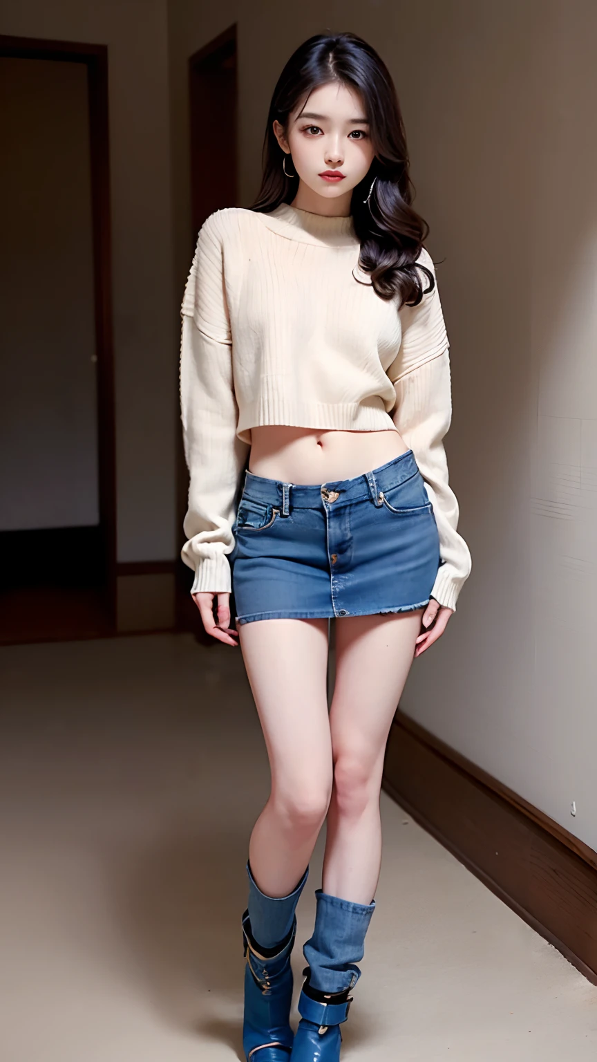 Slender Asian girl, Kpop Idol, ((gymnast)), ((of the highest quality, 8K, masutepiece: 1.3)), Crisp focus: 1.2, Beautiful woman with perfect figure: 1.4, Highly detailed face and skin texture, Detailed eyes, skinny, Beautiful face, Symmetrical face, full-length, ((wide open abdomen))、((open abdomen))、((wide open navel))、((open navel))、((Bare belly))、((Mid-Riff Sweater))、((Ultra-low rise、Denim Mini Skirt))、 ((Navel Ejection))、((small hips))、((Full body depiction))、((small hip))、(boots)、((Ultra-low rise))、 ((Denim Mini Skirt))、((is standing))、
