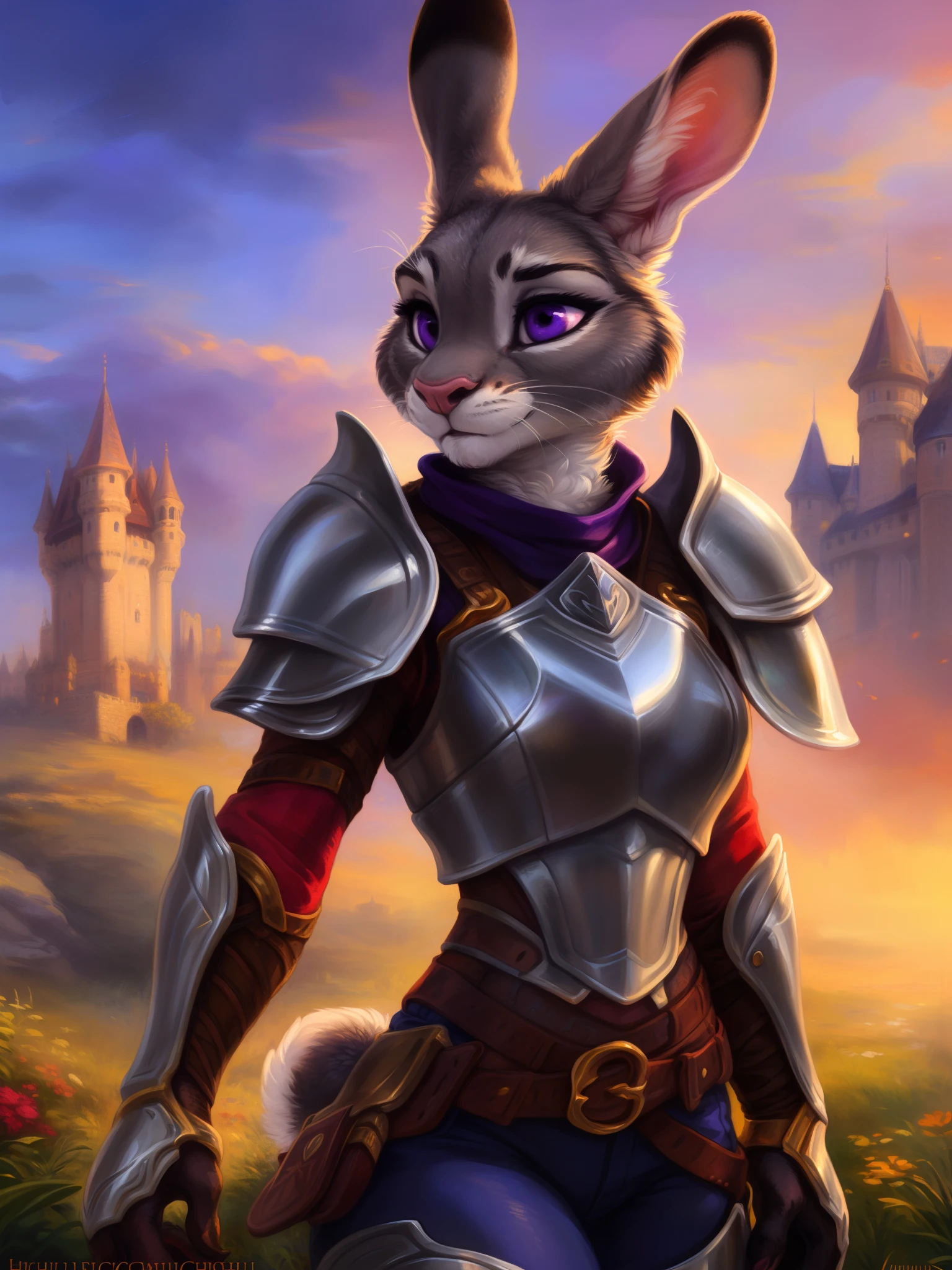 (8k, best quality, masterpiece), (by hioshiru and kenket and dimwitdog, Michael &amp; Zaush, Inessa Garmash, Ruan Jia, Pino Daeni, Chunie), Judy Hopps as a knight paladin, anthro bunny, plate armor, female, purple eyes, sensual, beautiful and feminine, attractive look, dramatic, cinematic lighting, trending on artstation, (muscular:0.7), solo, alone, castle on the background