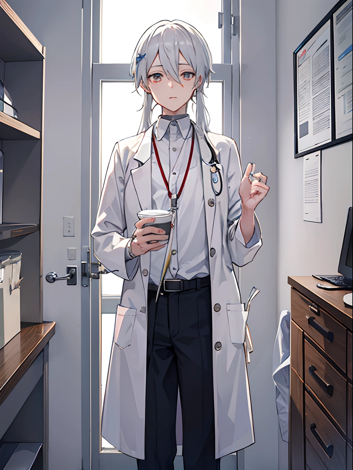 Picture of man white hair standing medical student long hair tie、Sick