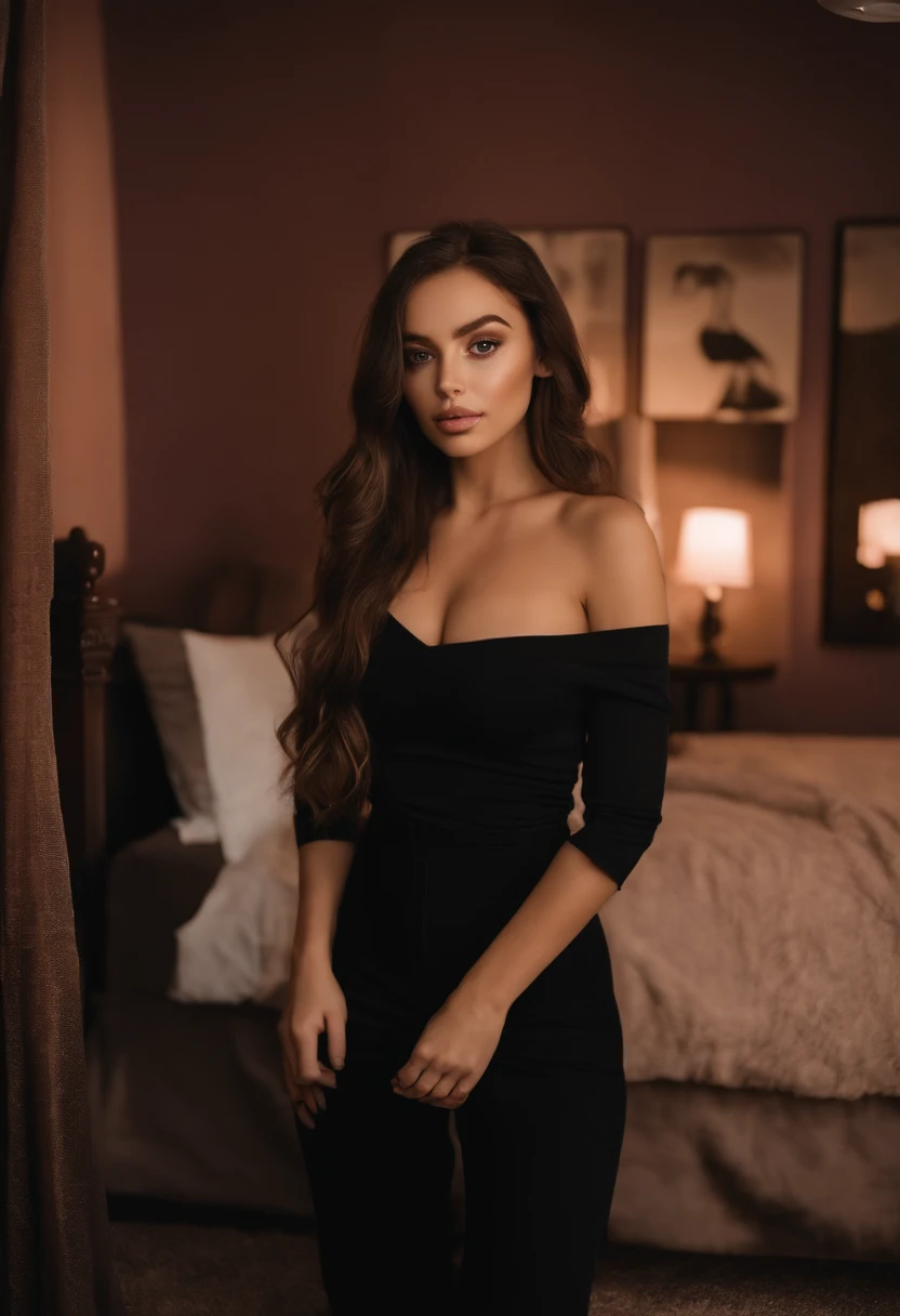 arafed woman with black clothes, sexy girl with brown eyes, portrait sophie mudd, brown hair and large eyes, selfie of a young woman, bedroom eyes, violet myers, without makeup, natural makeup, looking directly at the camera, face with artgram, subtle makeup, stunning full body shot, in bedroom, cleavage