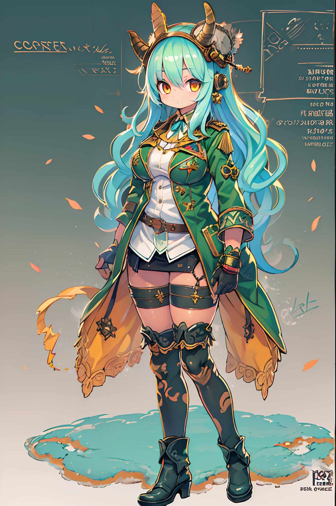 ((Live 2D))  masutepiece, 1girl in, Full body, standing straight, Steampunk clothes, military outfits, Looking at Viewer, Detailed face, Girl with green wavy hair, Bangs, Metal sheep horns, Gradient Hair, multicolored hair, light green hair, Turquoise Hair Tips, Wavy Hair, Gradient Eyes, Orange Eyes, (Simple background, White background: 1.3)