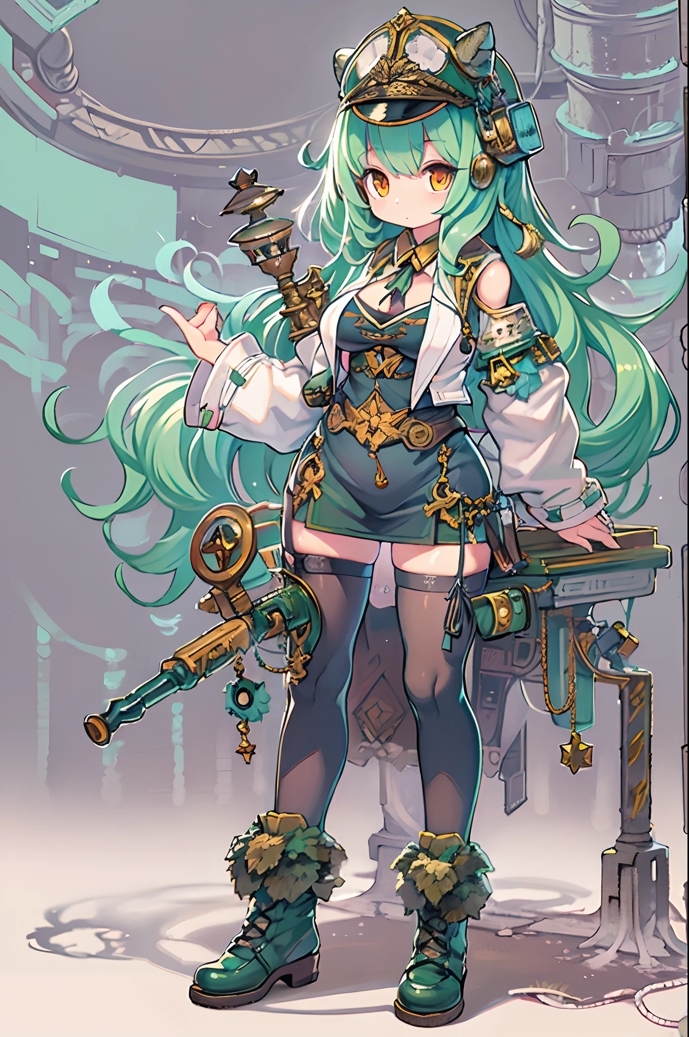 ((Live 2D))  masutepiece, 1girl in, Full body, standing straight, Steampunk clothes, military outfits, Looking at Viewer, Detailed face, Girl with green wavy hair, Bangs, Metal sheep horns, Gradient Hair, multicolored hair, light green hair, Turquoise Hair Tips, Wavy Hair, Gradient Eyes, Orange Eyes, (Simple background, White background: 1.3)