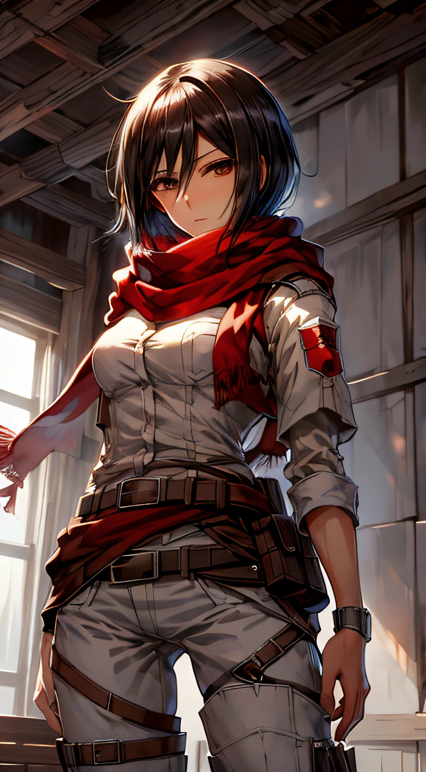 masterpiece, best quality, highres, hmmikasa, short hair, black eyes, scarf, belt, thigh strap, red scarf, white pants, white shirt, standing, cowboy shot,